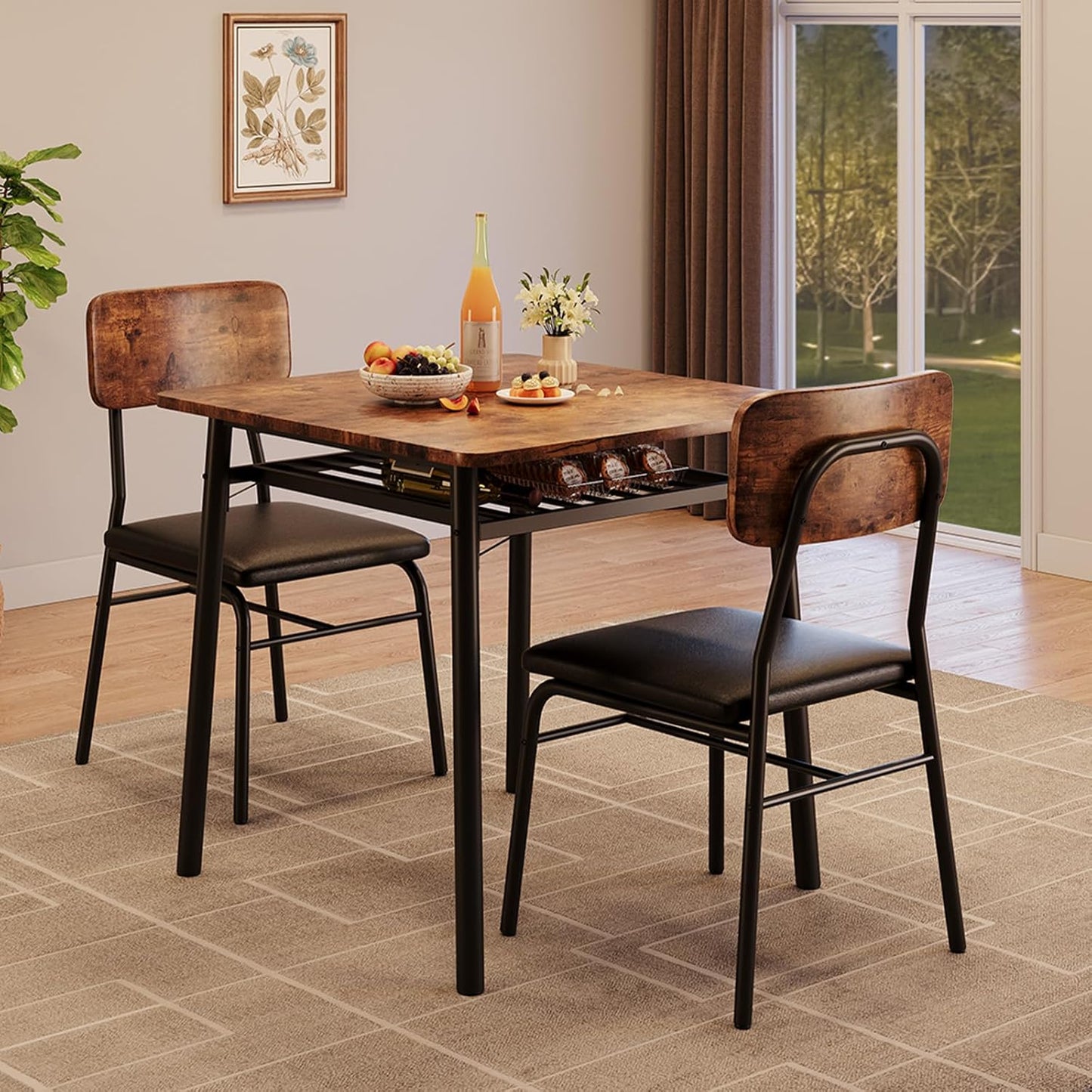 GarveeHome Dining Table for 2 with Storage Rack, Small Kitchen Table for 2 with Metal Frame, Square Table with Upholstered Chairs Set of 2, 3-Piece Dining Room Set for Small Space, Apartment, Brown