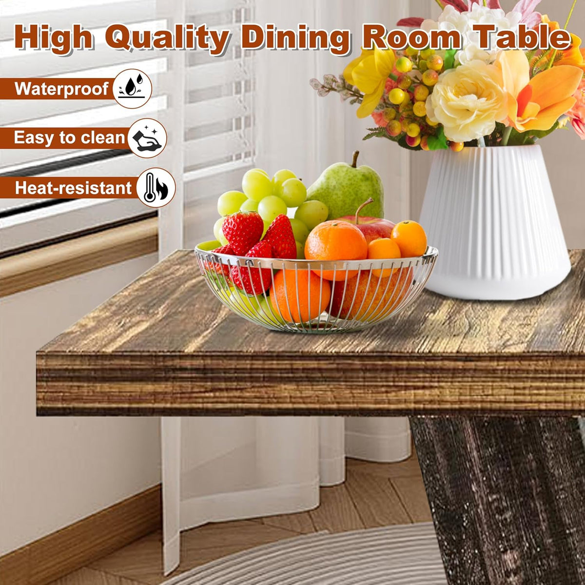 47 Inch Dining Table for 4, Farmhouse Dinner Table Wooden Kitchen Tables with Heavy Duty Pedestal for Dining Room, Kitchen, Living Room, Brown & Black