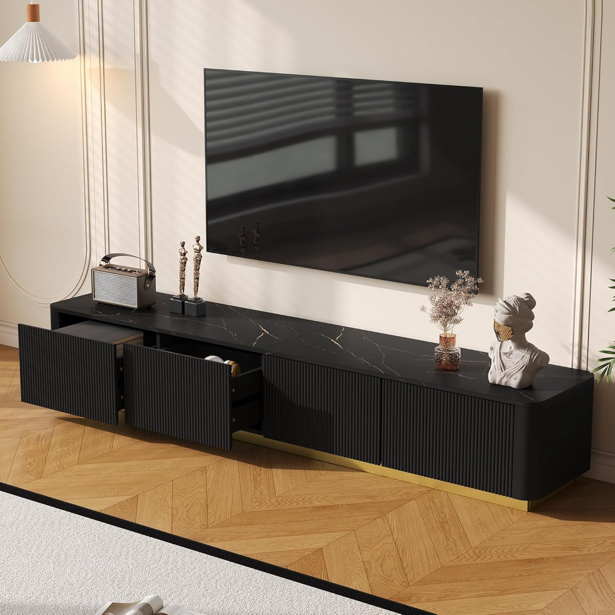 Merax Modern Wood TV Stand for TVs Up to 85'', Faux Marble Tabletop Entertainment Center with Storage Drawers, Practical Media Console for Living Room, Bedroom, Black