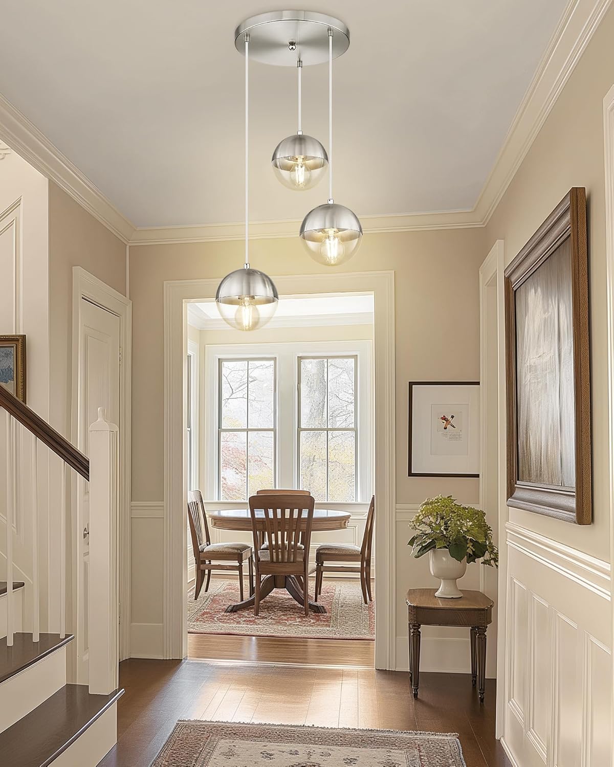 LMS Modern Brushed Nickel 3-Light Cluster Pendant Lights, Mid Century Pendant Lighting with Clear Globe Glass Shade, Adjustable Hanging Cord Ceiling Light for Bathroom Dining Room, LMS-186BNC3
