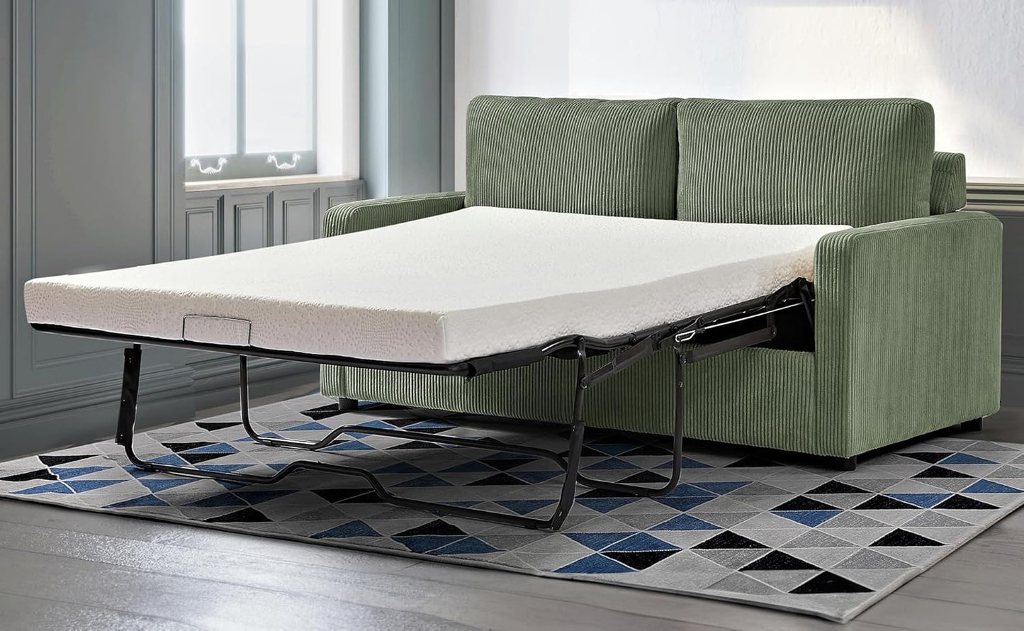 Reversible Sleeper Sofa Bed with Comfortable Memory Foam Mattress, Convertible Corduroy Full Size Pull Out Couch for Living Room, Space Saving Furniture, 70" Wide, Rectangular Arms, Dark Green