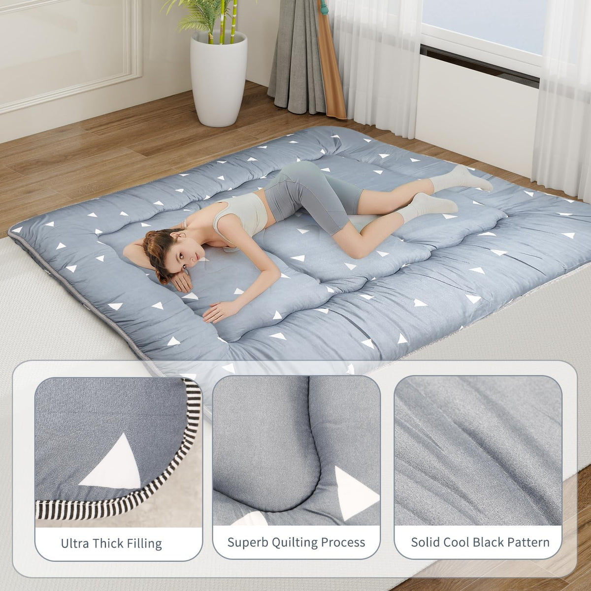 Japanese Floor Mattress,Roll Up Memory Foam Tatami Mat Easy to Store and Portable,Futon Mattress Suitable for Camping and Guest Room (Grey, Full (80" X 47"))