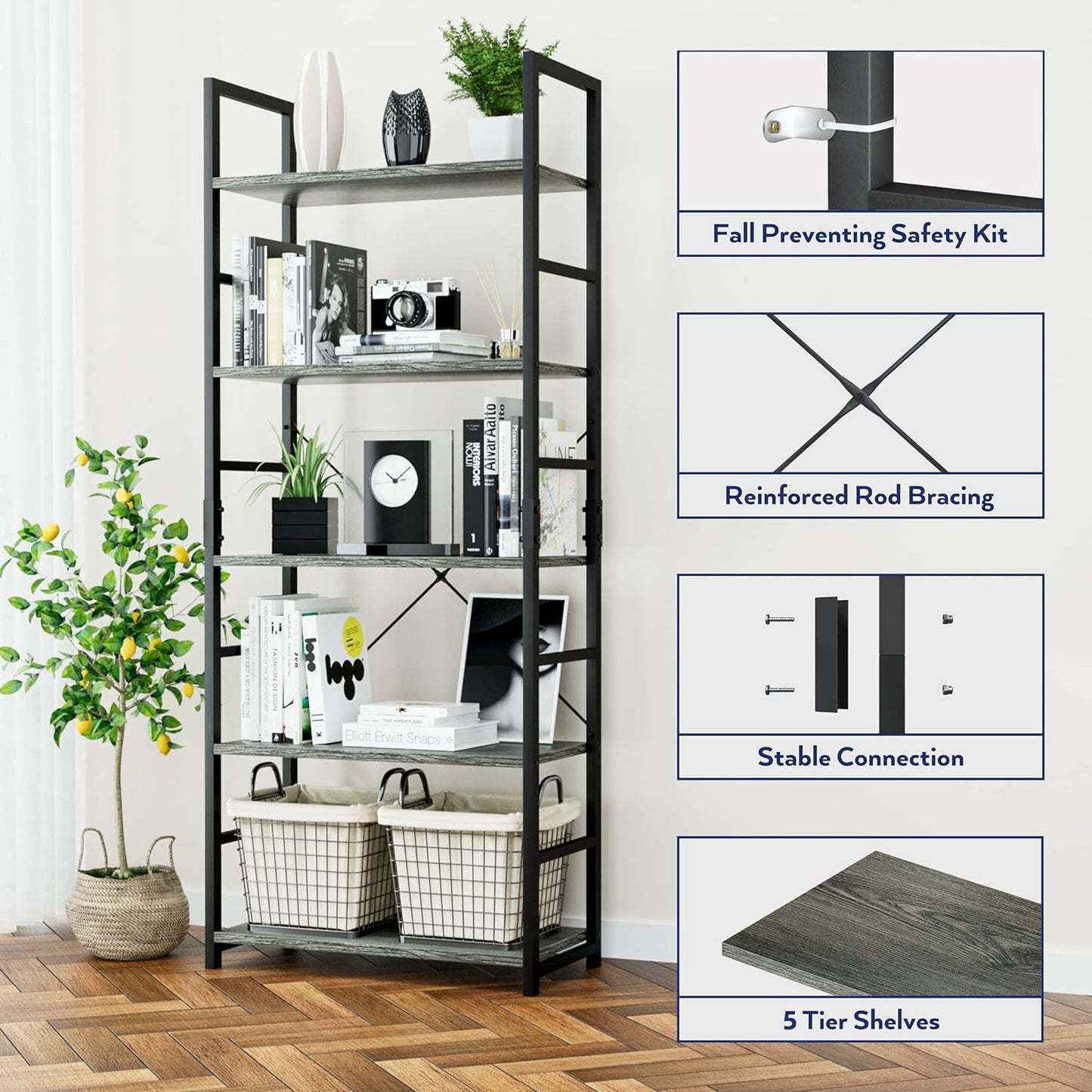 NUMENN 5 Tier Bookshelf, Tall Bookcase Shelf Storage Organizer, Modern Book Shelf for Bedroom, Living Room and Home Office, Dark Grey