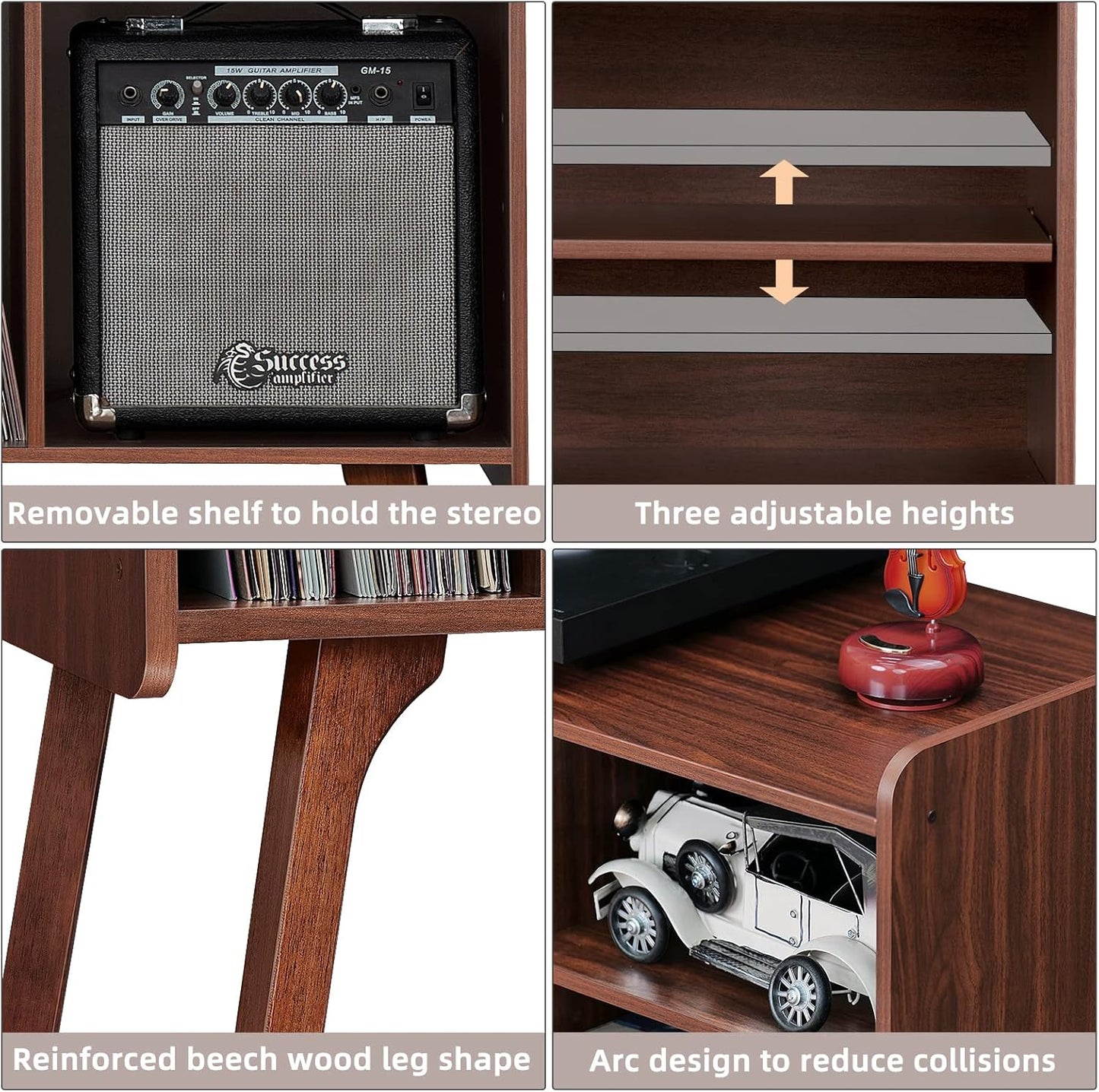 Lerliuo Record Player Stand with 4 Cabinet Holds Up to 220 Albums, Large Turntable Stand with Beech Wood Legs, Mid-Century Record Player Table,Walnut Vinyl Holder Storage Shelf for Bedroom Living Room