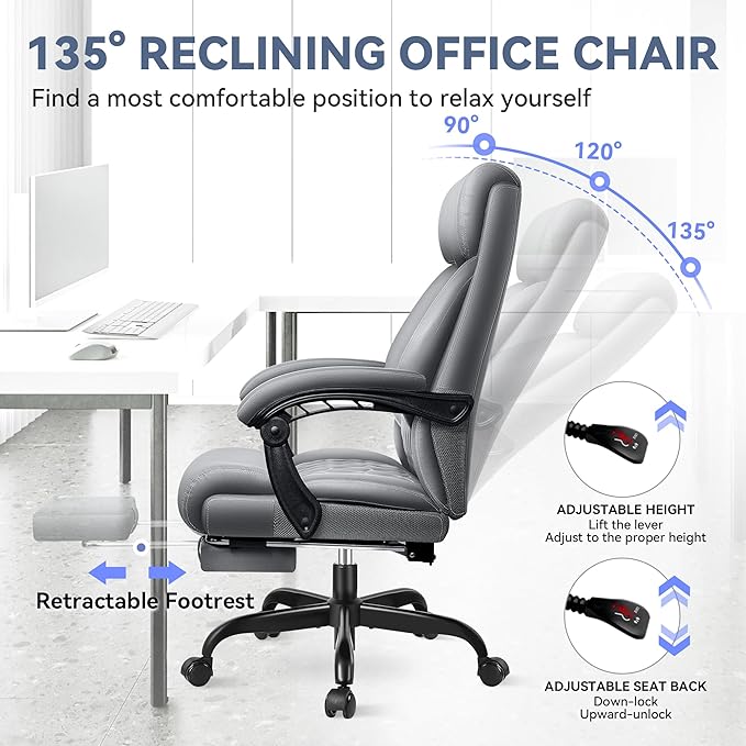 Office Chair, Big and Tall Office Desk Chair, Reclining Office Chair with Footrest Home Office Desk Chairs, High Back Ergonomic with Lumbar Support, Executive Leather