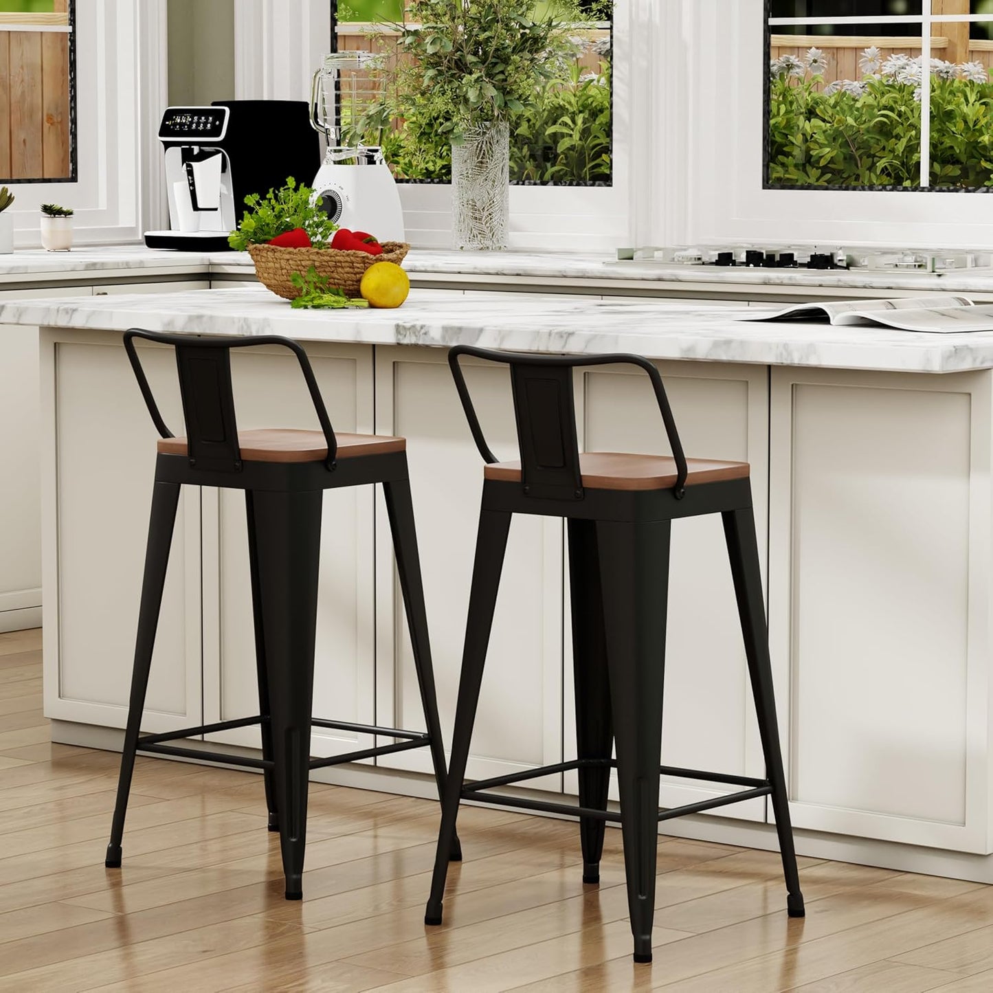 WENTMENT Bar Stools Set of 2 Counter Height Metal Barstools with Removable Back 30" Kitchen Bar Stools with Wooden Seat, Black