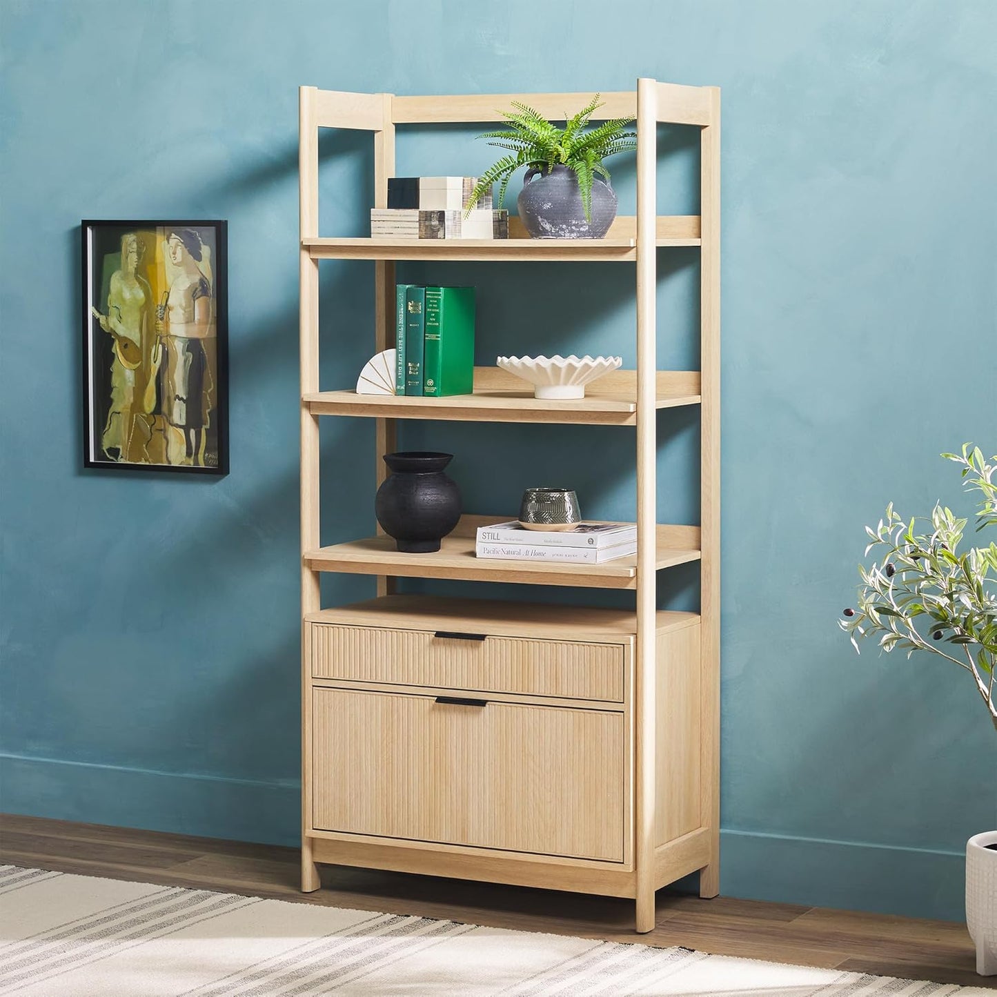 Walker Edison Transitional Open Reeded 4-Shelf Bookshelf with Drawers Versatile Bookcase with Bottom Storage for Home Office, Living Room, Bedroom, 33 Inch, Coastal Oak