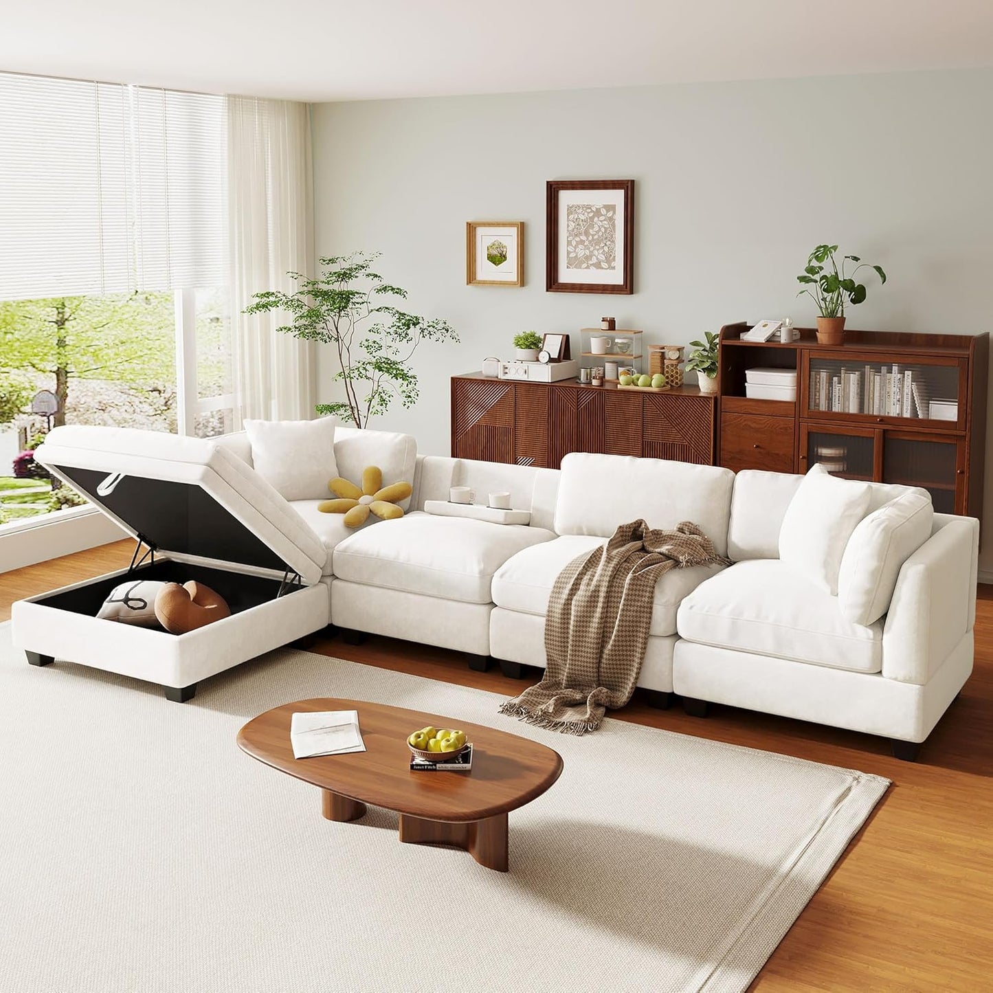 Merax Modern Upholstered Modular Sectional Sofa with Removable Storage Ottoman and Hidden Cup Holders, Free Combination Indoor Furniture Sets for Apartments, Studio, Office, 5 Seat-L Shape, Beige