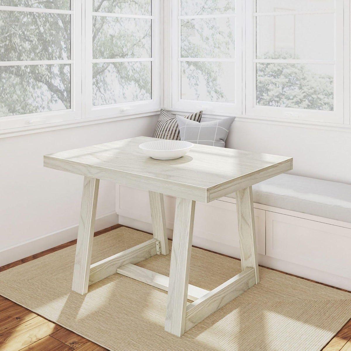 Plank+Beam 48 Inch Farmhouse Dining Table, Rustic Solid Wood Kitchen Table, Dinner Table for Dining Room, Home Office Furniture, White Sand Wirebrush