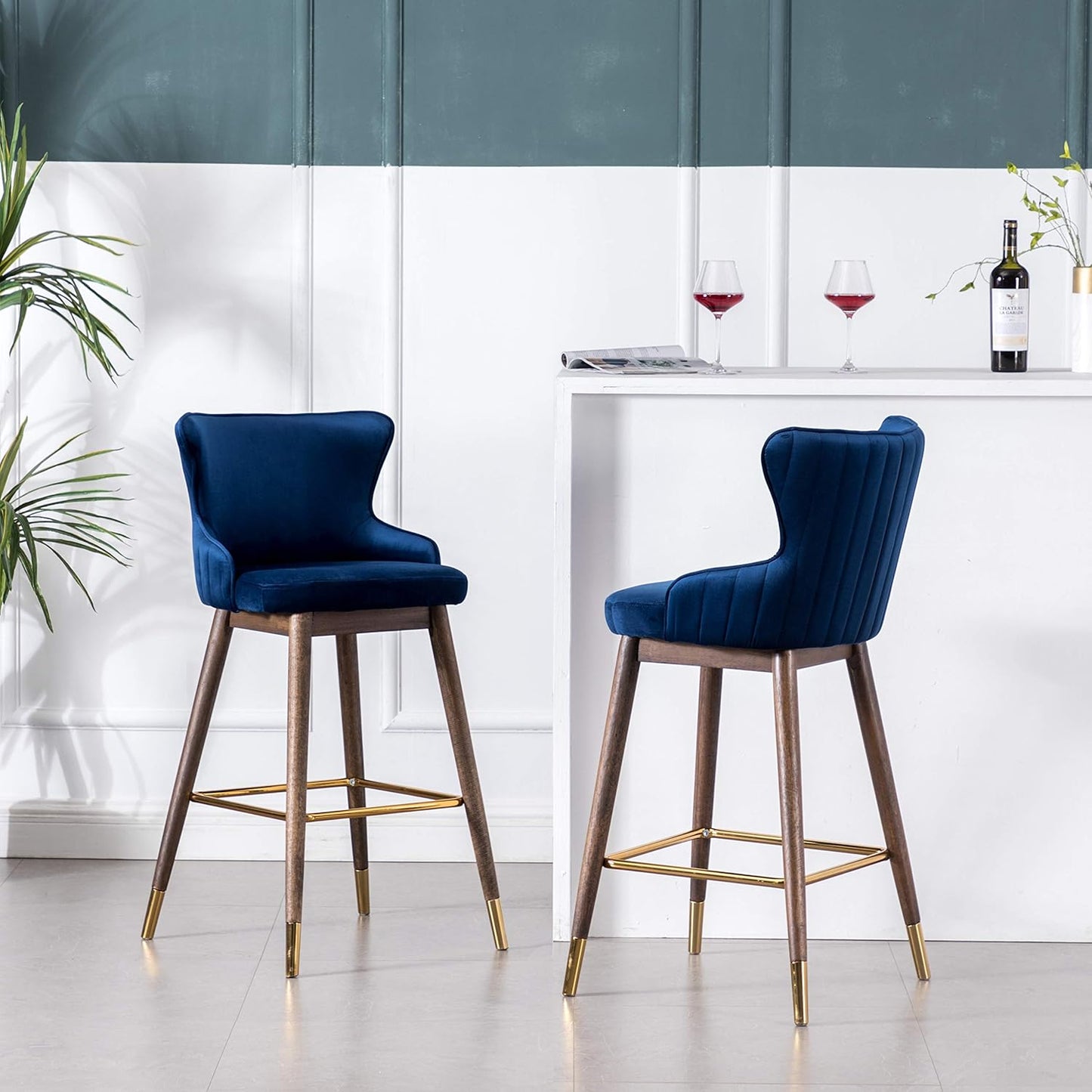 Roundhill Furniture Leland Fabric Upholstered Wingback Bar Stools, Set of 2, Blue