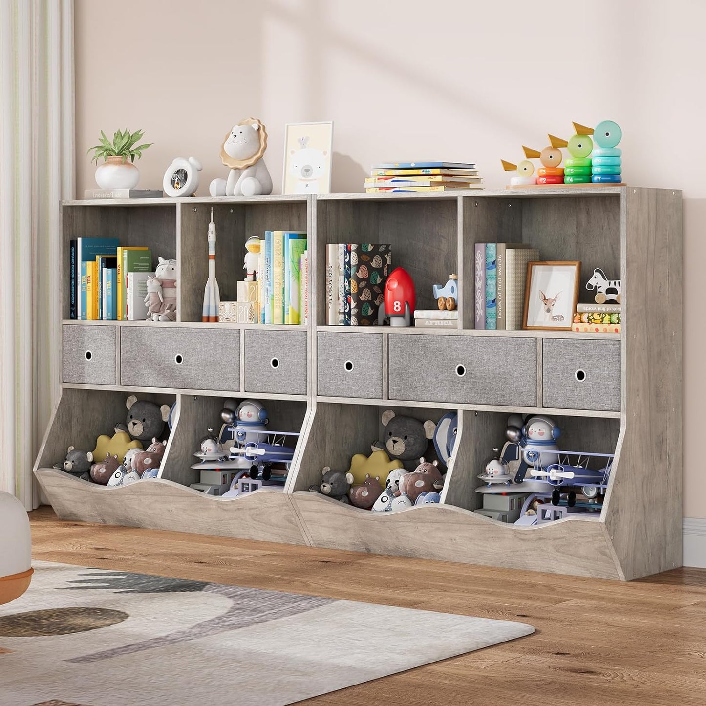 IDEALHOUSE 7-Cubby Large Kids Toy Storage Organizer, Children Wood Bookcase and Bookshelf, 3-Tier Toy Storage Cabinet with 3 Drawers for Hallway, Playroom, Living Room, School, 2 Set Gray