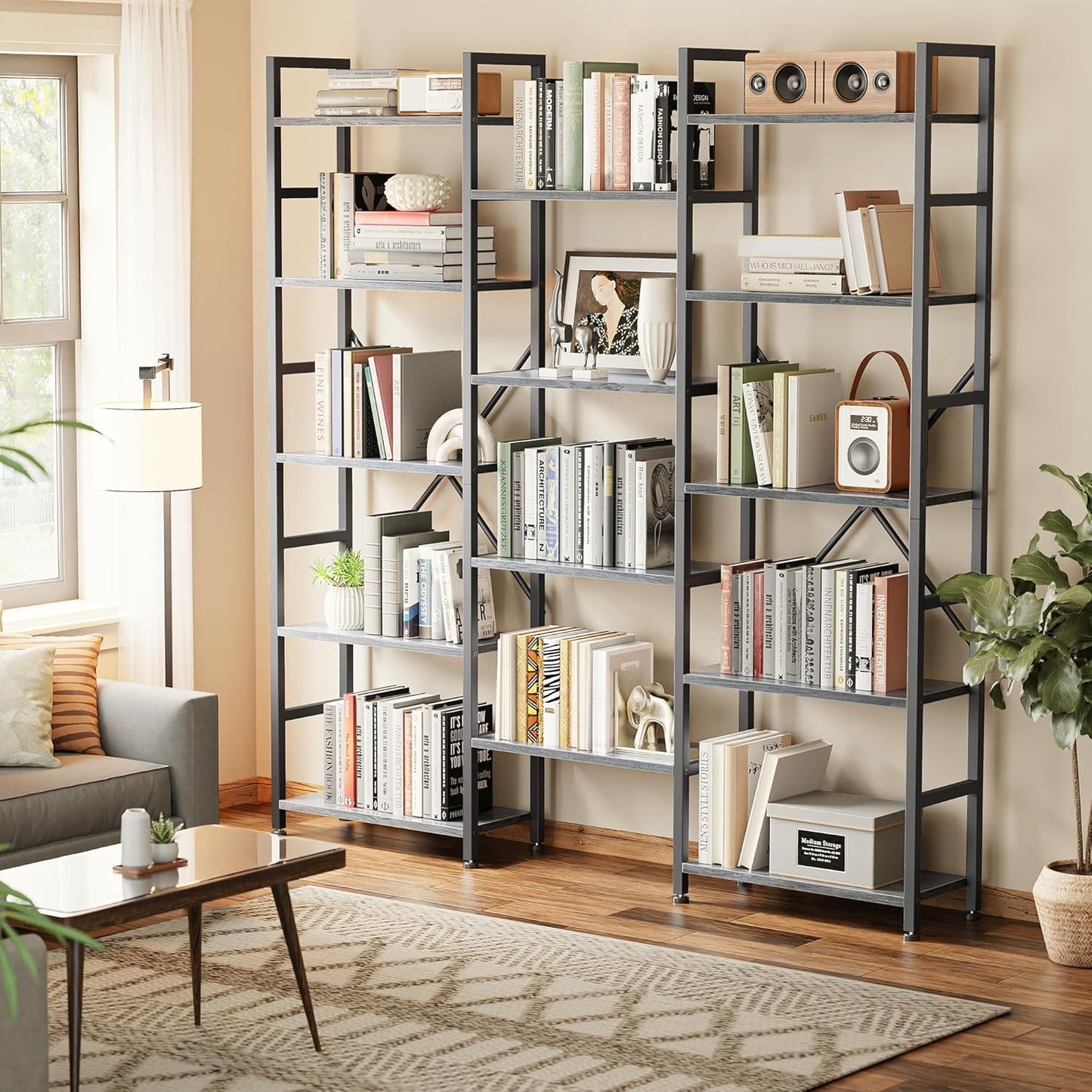 SUPERJARE Triple 5 Tier Bookshelf, Bookcase with 14 Open Display Shelves, Wide Book Shelf Book Case for Home & Office, Grey