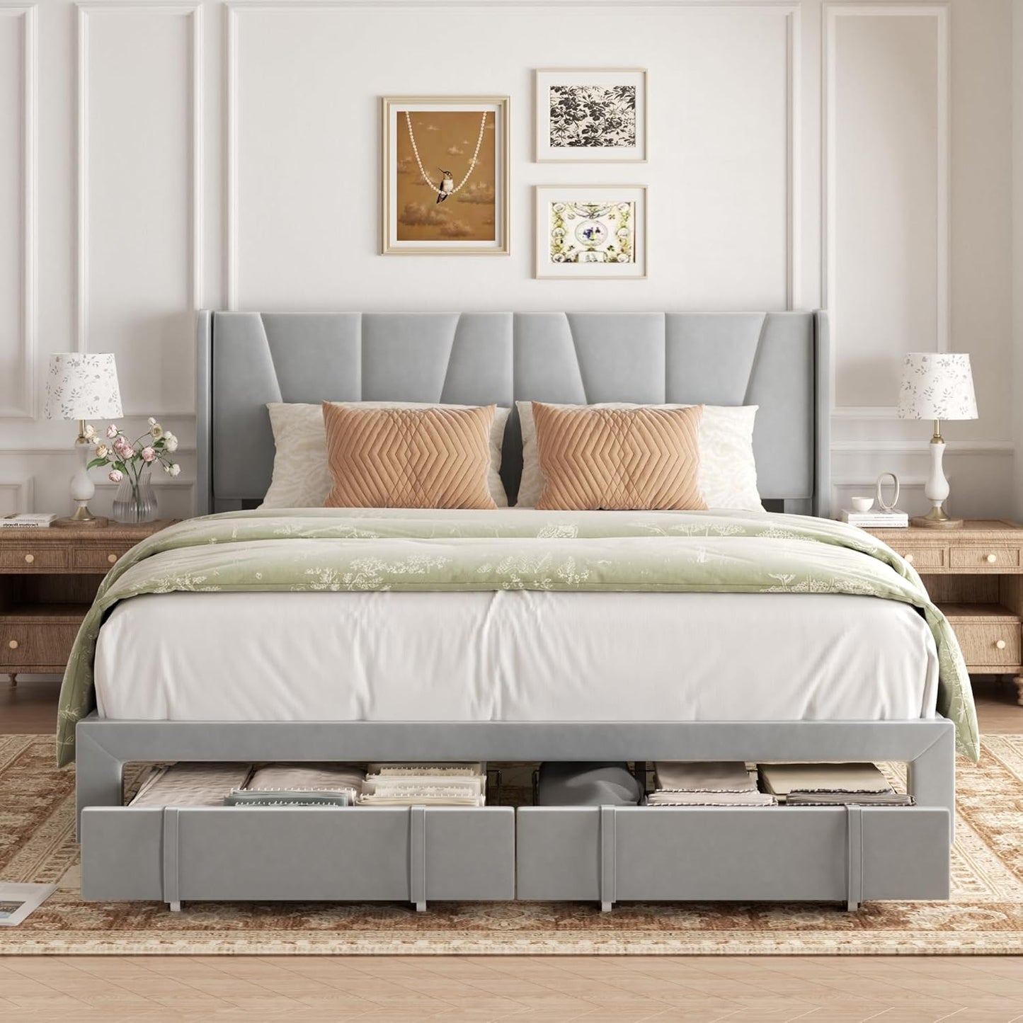 King Bed Frame with Storage Drawers, Upholstered Platform Bed with Headboard and Wingboard, No Box Spring Needed, NO Noise, Easy Assembly, Wooden Support Slats,Light Grey