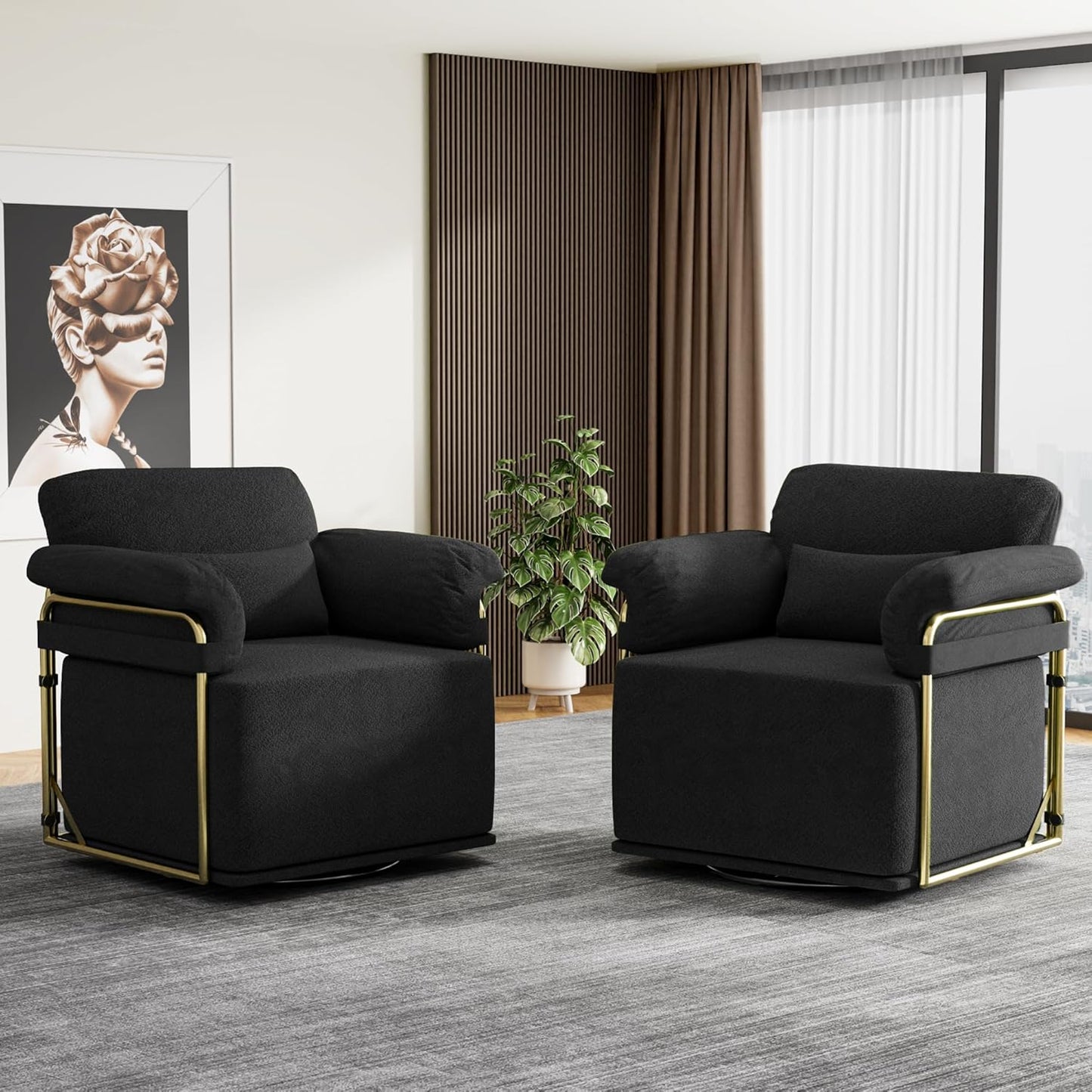 KEIKI Modern Comfy Swivel Accent Reading Chair with Waist Pillows, 360°Square Upholstered Barrel Armchair Single Club Lounge Sofa Chairs for Living Room,Bedroom,Office,Black