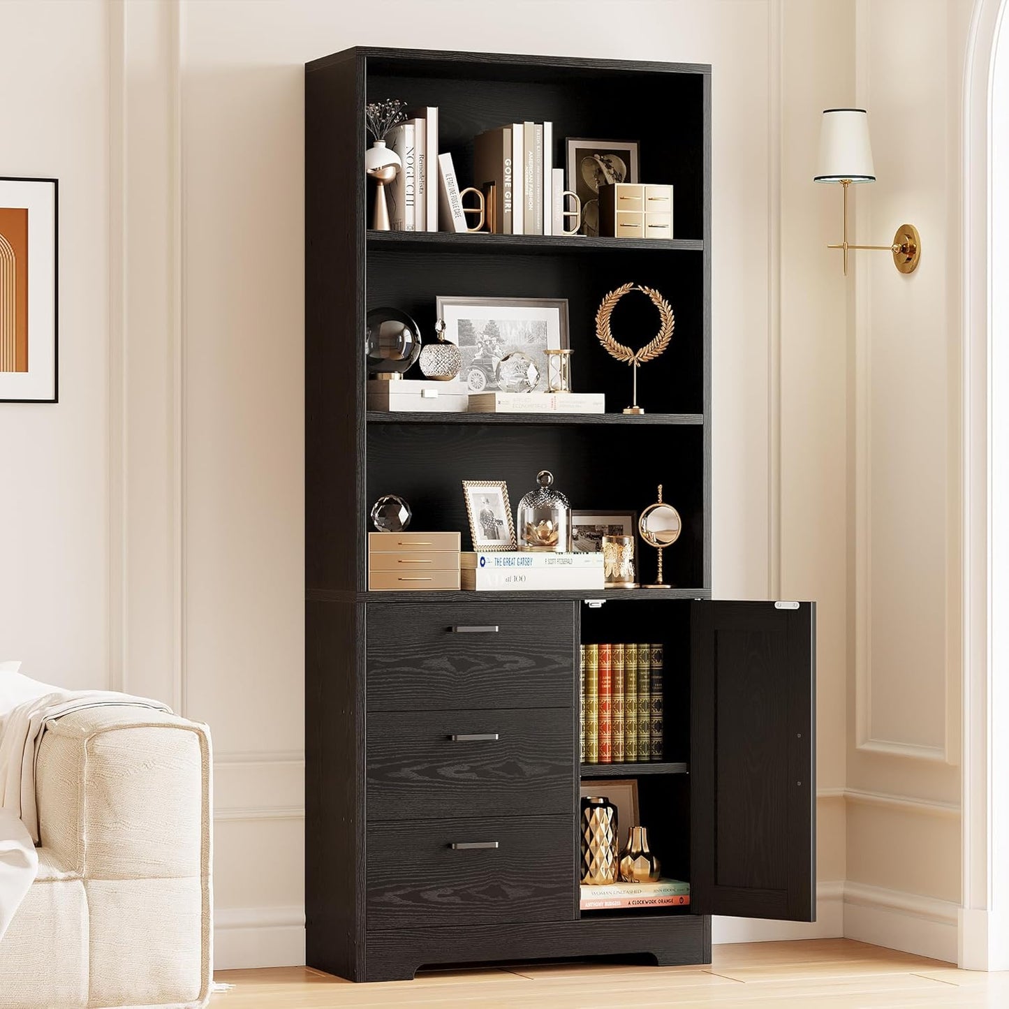 IRONCK Bookshelf with Door and 3 Drawers, 71in Tall Bookcase Shelf with 3-Tier Shelves, for Bedroom Living Room Entrance Hallway Home Office