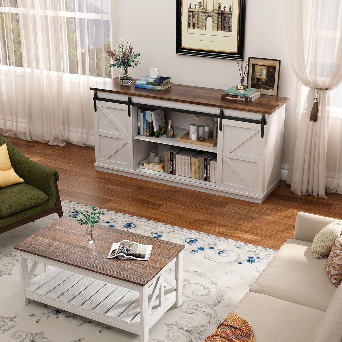 YESHOMY Farmhouse TV Stand for Televisions up to 65 Inches, Sliding Barn Doors and Storage Cabinets, Console Table and Media Furniture for Living Room, 58 Inch, Milk White