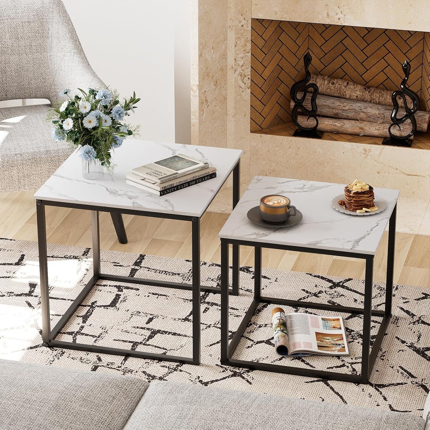 Garden 4 you Coffee Table Set of 2, Modern Faux Marble Nesting Table, Metal Frame Square Center Table Set, Side Tables, Nesting Coffee Table for Living Room, Bedroom and Small Spaces, 19.7in Black