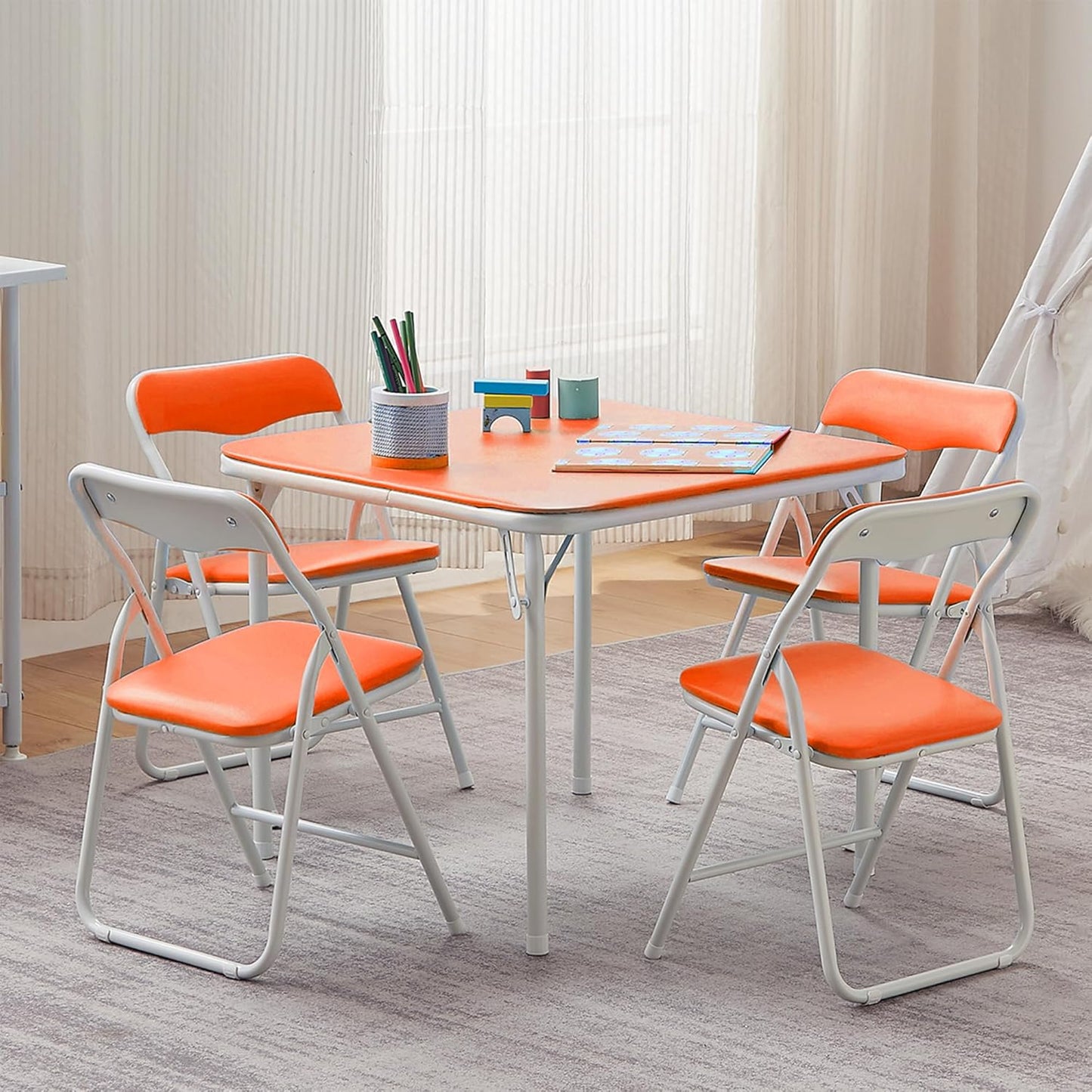 VECELO Kids Folding Activity Table and Chairs 5 Pcs Set, Portable, with Ultra Soft Padded Cushion, Orange