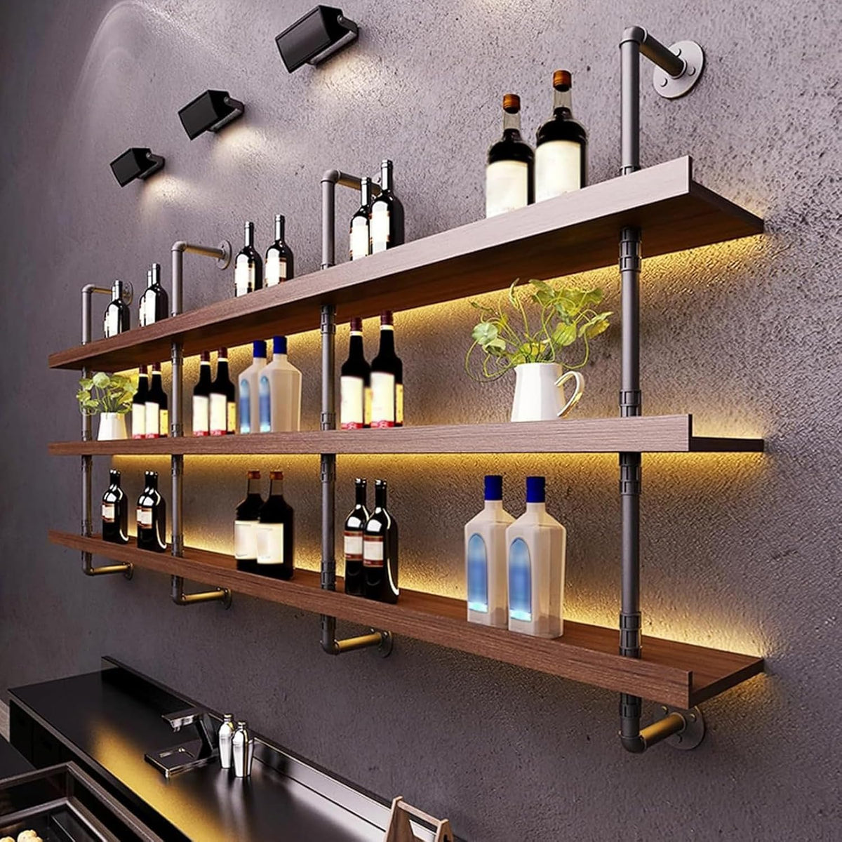55.1in Large Wine Rack with LED Light Solid Wood Wall Mounted Wine Rack, 3-Tiers Liquor Bottles Floating Shelves Display Storage Organizer for Home Bar & Dining Room (140cm/55.1in)