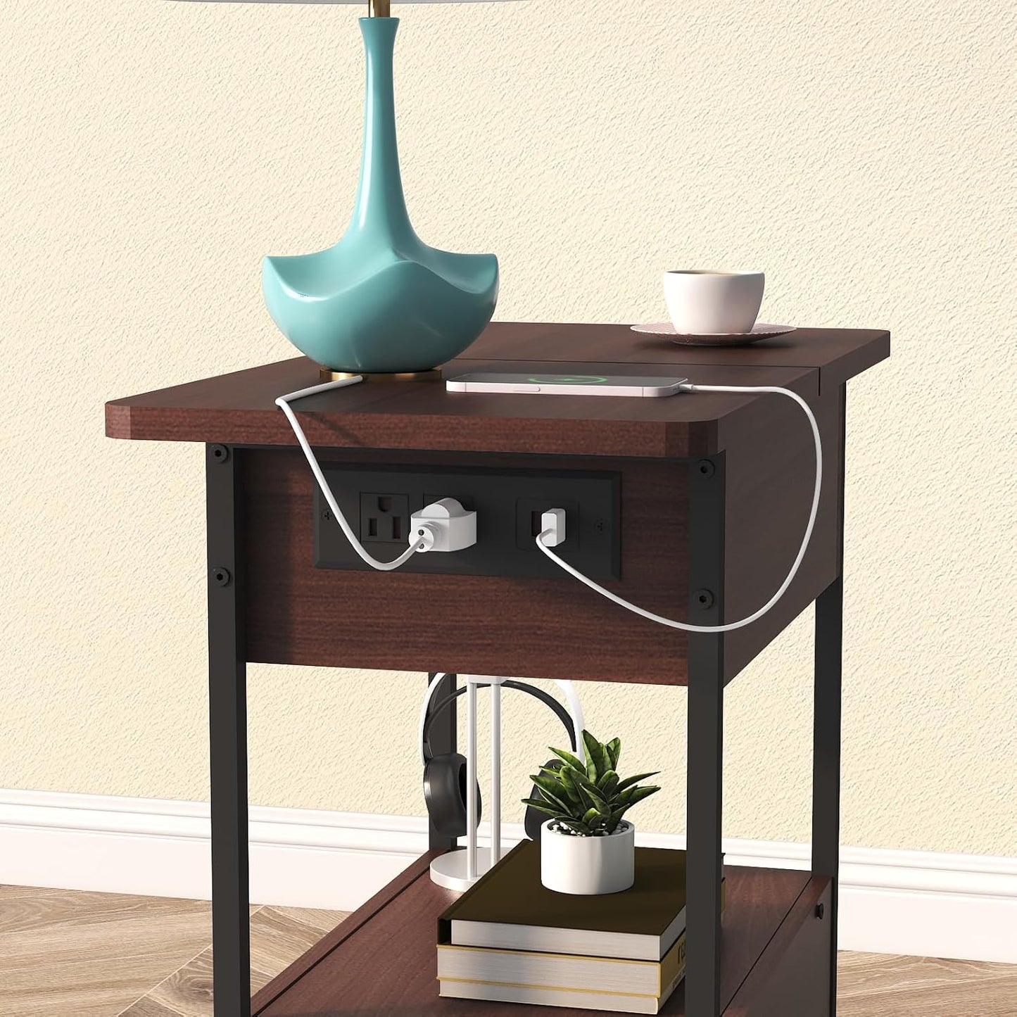 SOOWERY End Table with Charging Station, Narrow Side Table with Flip Top Cabinet and Fabric Drawer, Nightstand Bedside Tables for Small Spaces, Bedroom, Living Room, Dark Cherry