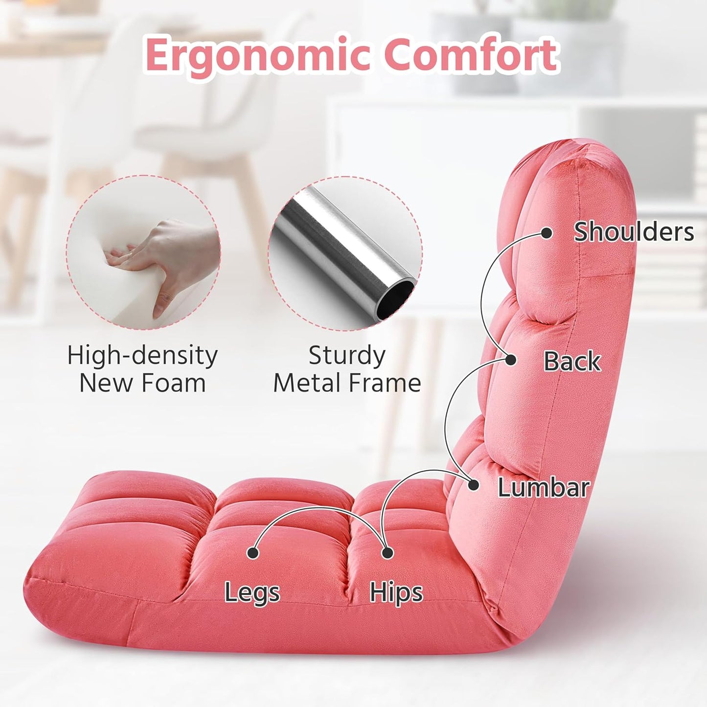 Yaheetech Floor Chair, Meditation Chair with Back Support Gaming Floor Lounger with 14 Adjustable Position for Adult, Pink