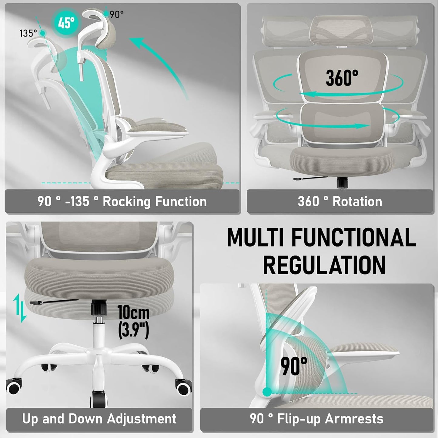High Back Ergonomic Office Chair, Breathable Mesh Desk Chair with Lumbar Support, Adjustable Headrest, Flip-up Armrests, Computer Gaming Chair