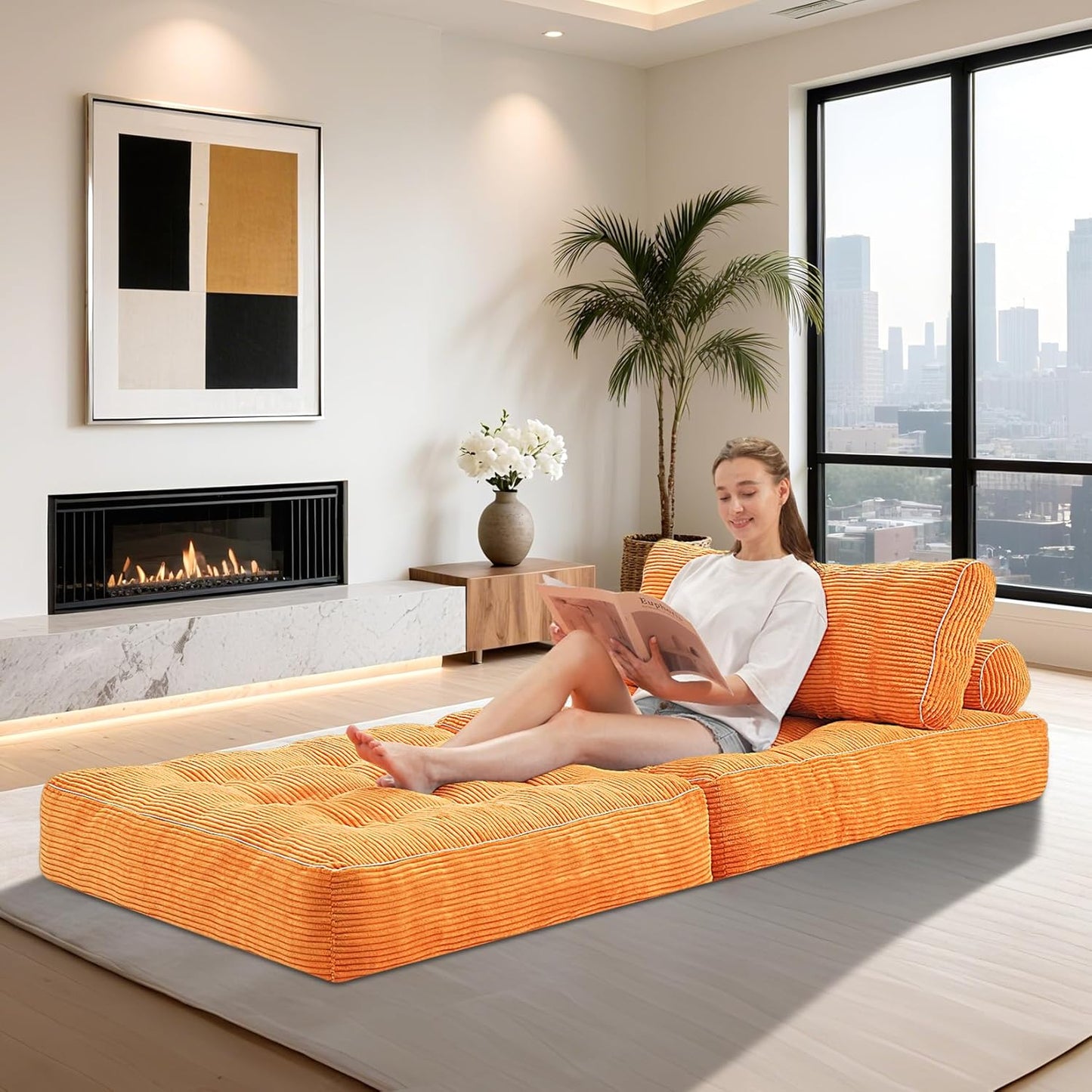 HABUTWAY Folding Sofa Bed, Convertible Sleeper Chair Bed w/Dual-Pillow & Handle, Foldable Floor Sofa Lounge w/Back Support for Living Room, Bedroom, Apartment, Office, Orange
