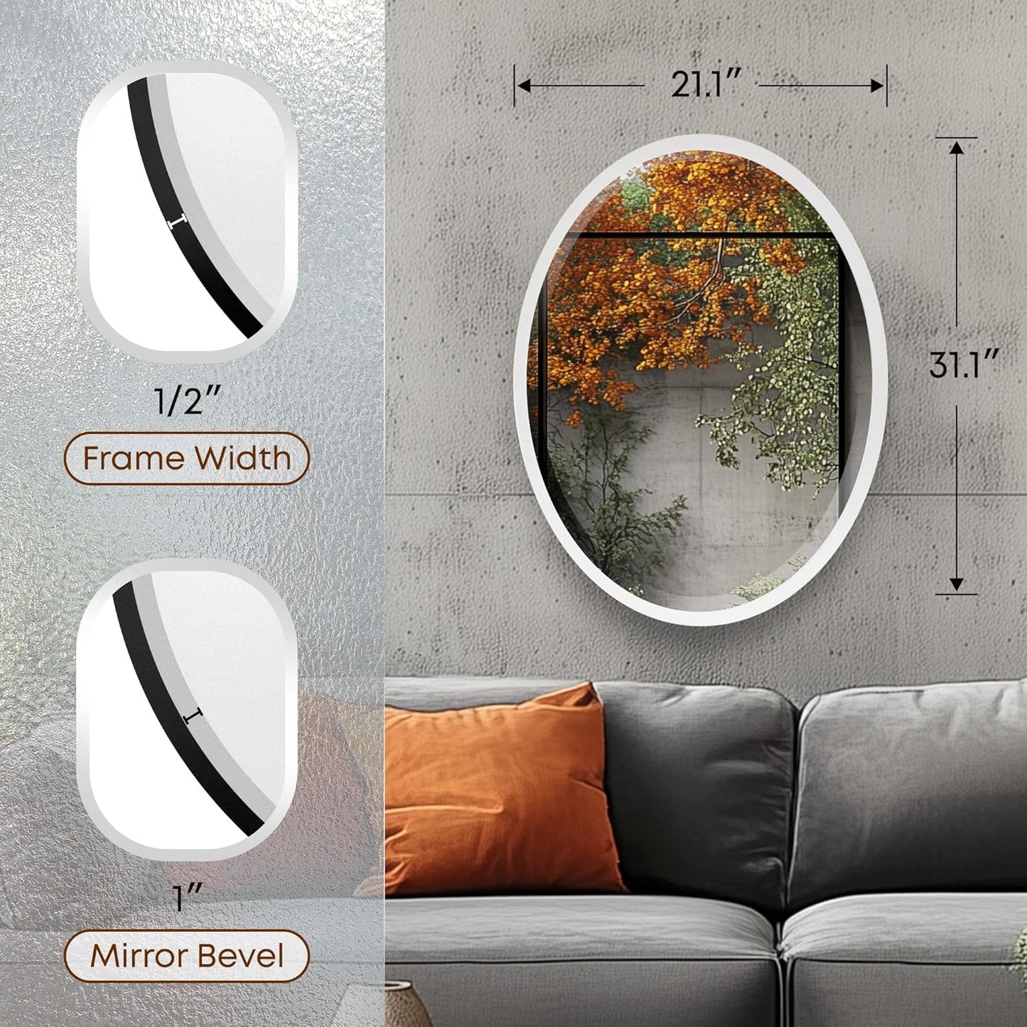 OVALCREST - Oval Wooden Beveled Wall Mirror for Home Decor, Bathroom, Vanity, Bedroom, Living Room, Hallway - London Style (Linen White) 21.1 x 31.1