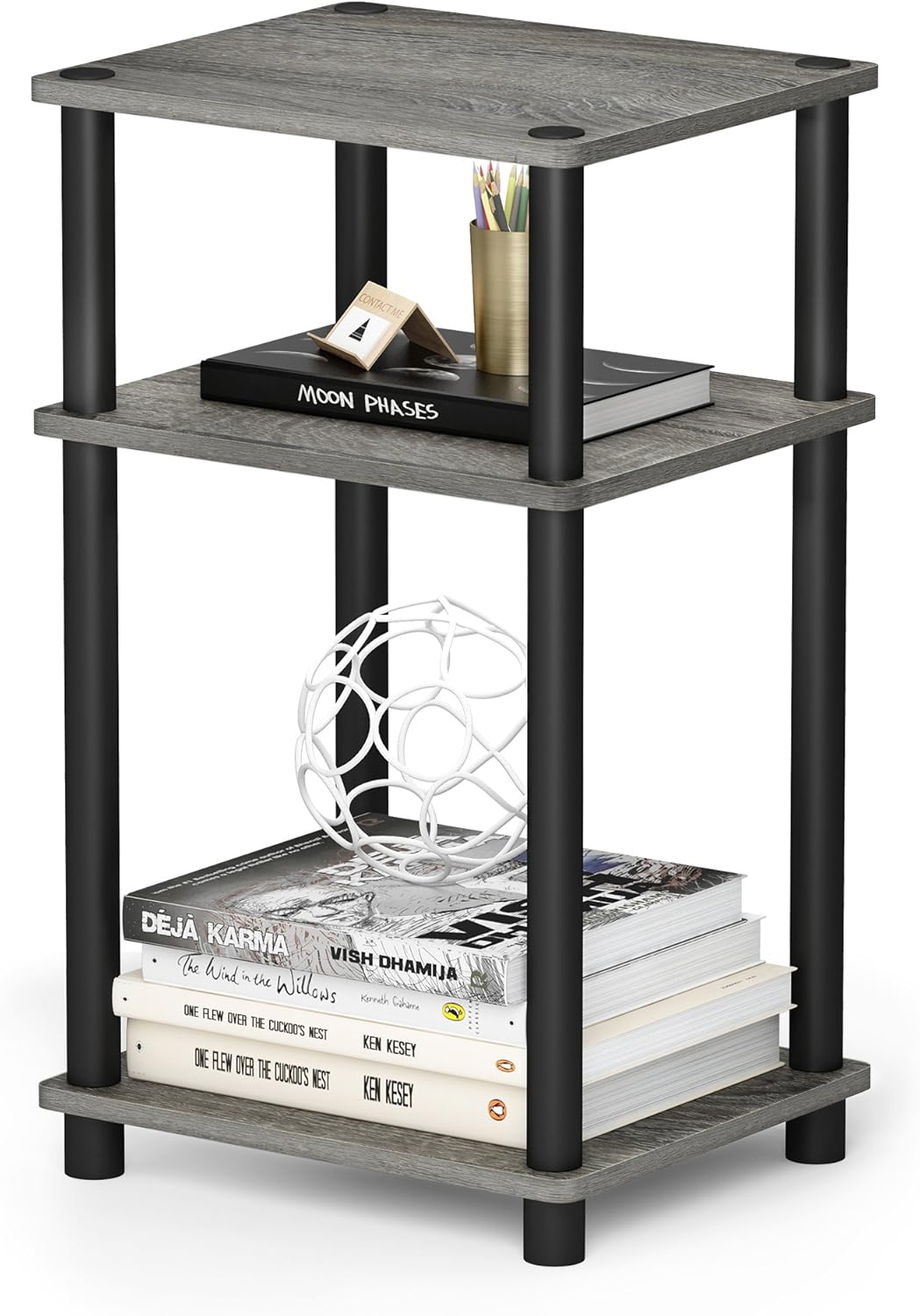 Furinno Just 3-Tier Turn-N-Tube End Table / Side Table / Night Stand / Bedside Table with Plastic Poles, 1-Pack, French Oak Grey/Black