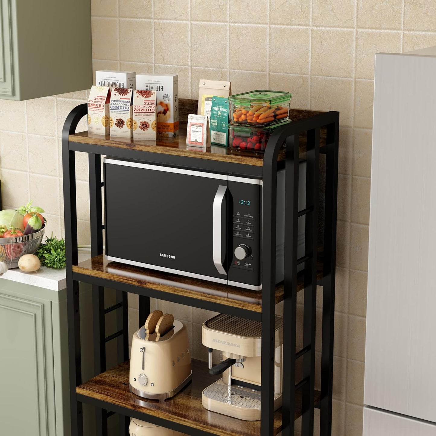 4-Tier Kitchen Baker's Rack with Rolling Wheels, Microwave Oven Cart Stand, Adjustable Utility Shelving Storage Unit, Heavy Duty Organizer Rack for Living Room, Garage, Home and Office(Brown)