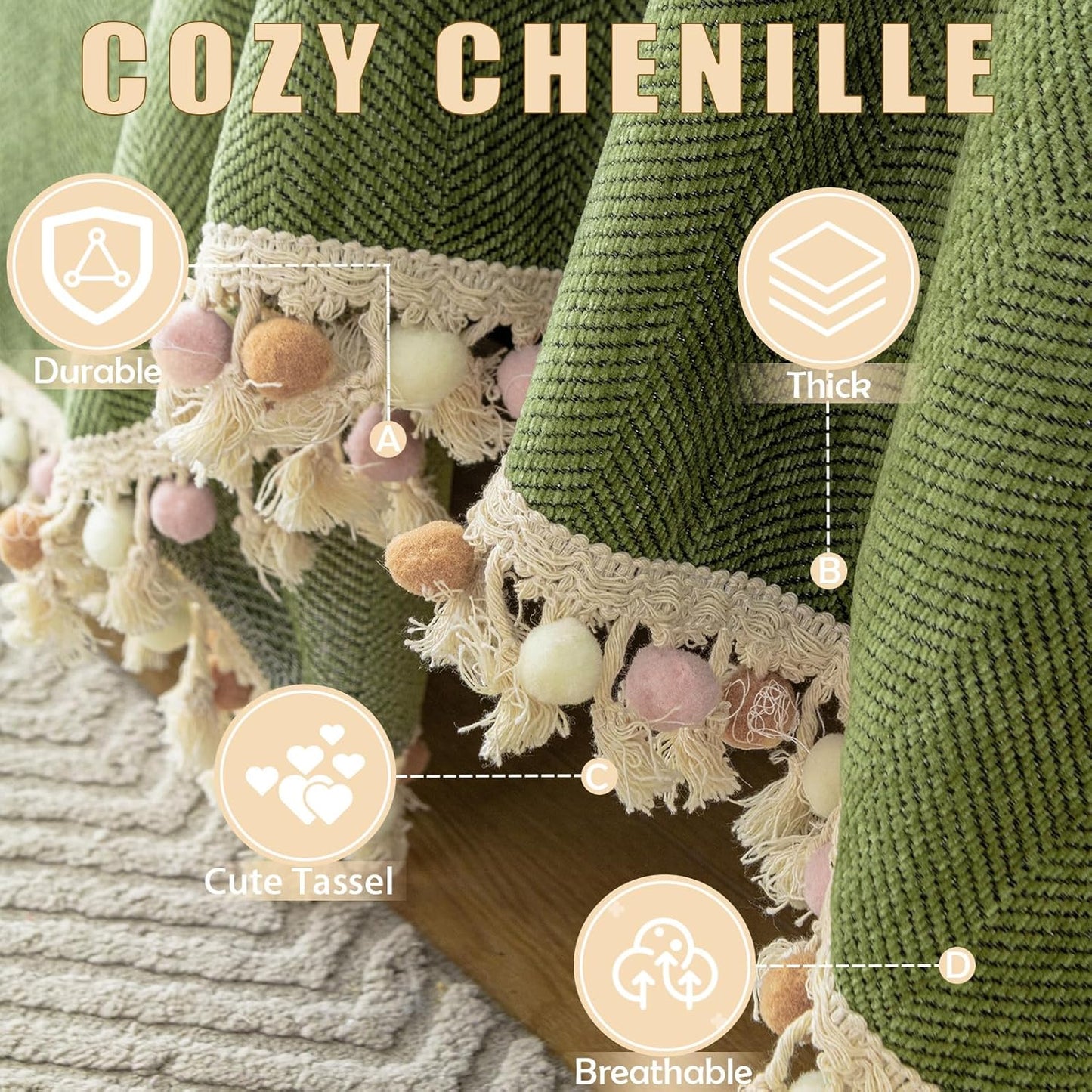 HANDONTIME Green Sofa Cover Vintage Couch Cover for Dogs 71" X118" Couch Cushion Covers with Tassel Herringbone Sofa Cover Boho Sofa Covers for 3 Cushion Couch Chenille Soft Loveseat Sofa Covers