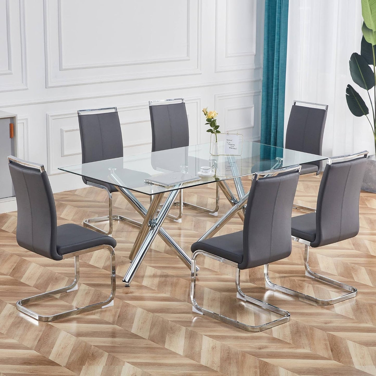 Dining Chairs Set, Kitchen Modern Metal Chairs with Faux Leather Padded Seat High Back and Sturdy Chrome Legs, Chairs for Dining Room (Grey, Set of 4)
