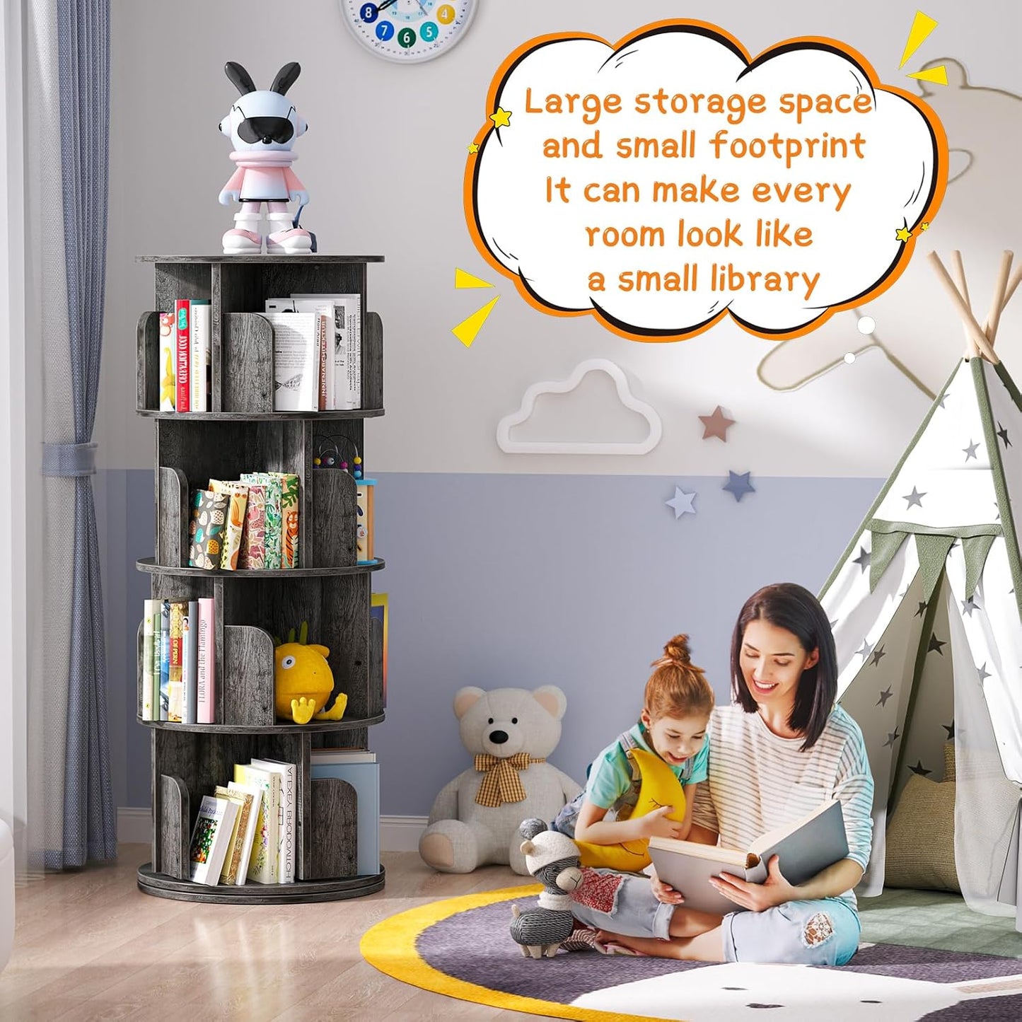 Rotating Bookshelf, Wood Corner Bookshelf, 360 Display Spinning Bookcase Storage Rack, 4 Tier Floor Standing Revolving Bookcase Narrow Book Shelf Organizer for Small Space, Bedroom, Grey Oak