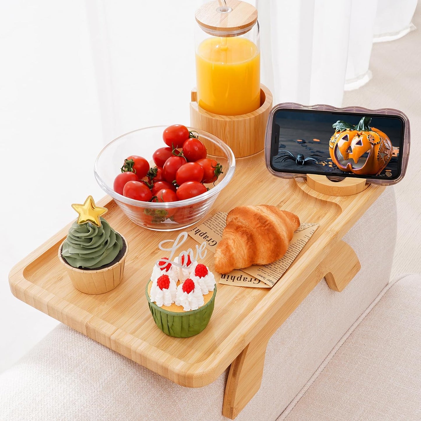 Nnewvante Couch Table on Arm,3 in 1 Large 15.36"x9.85" Bamboo Couch Cup Holder Sofa Arm Clip on TV Tray Table with 360°Rotated Phone/Cup Holder