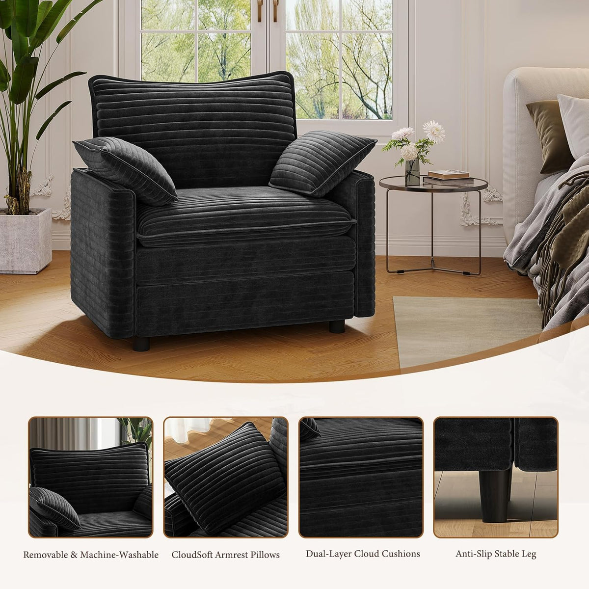 Vesgantti 40" Single Seat Sofa, Comfy Cloud Couch Deep Seat Upholstered Couch Corduroy Modern Sofa with Armrest Pillow, Easy Assembly for Living Room, Bedroom and Apartment, Black