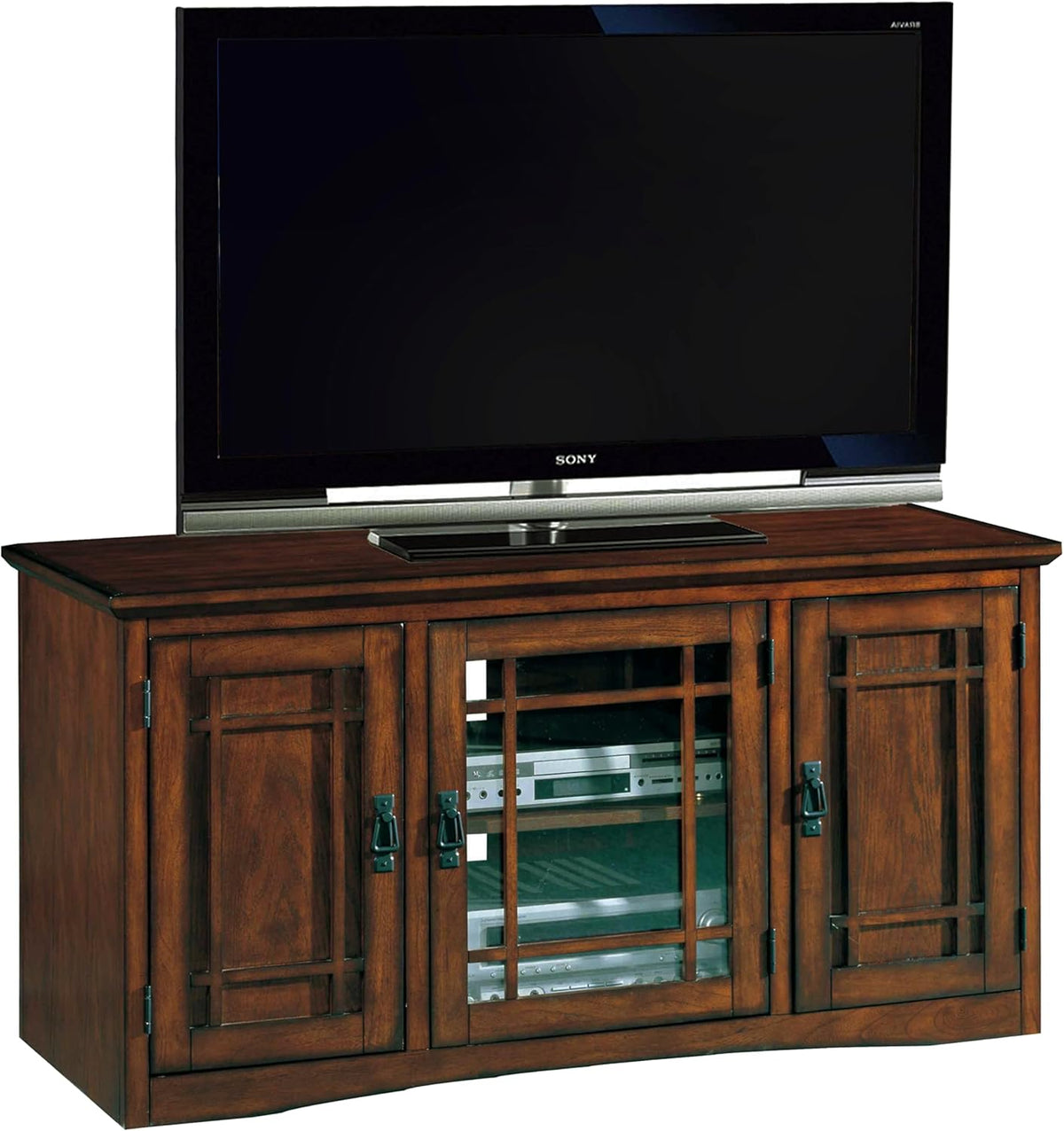 Leick Home 82350 Solid Wood Mission Oak Three Door TV Stand For 55" TVs Universal TV Console Living Room Storage Shelves Entertainment Center, Mission Oak