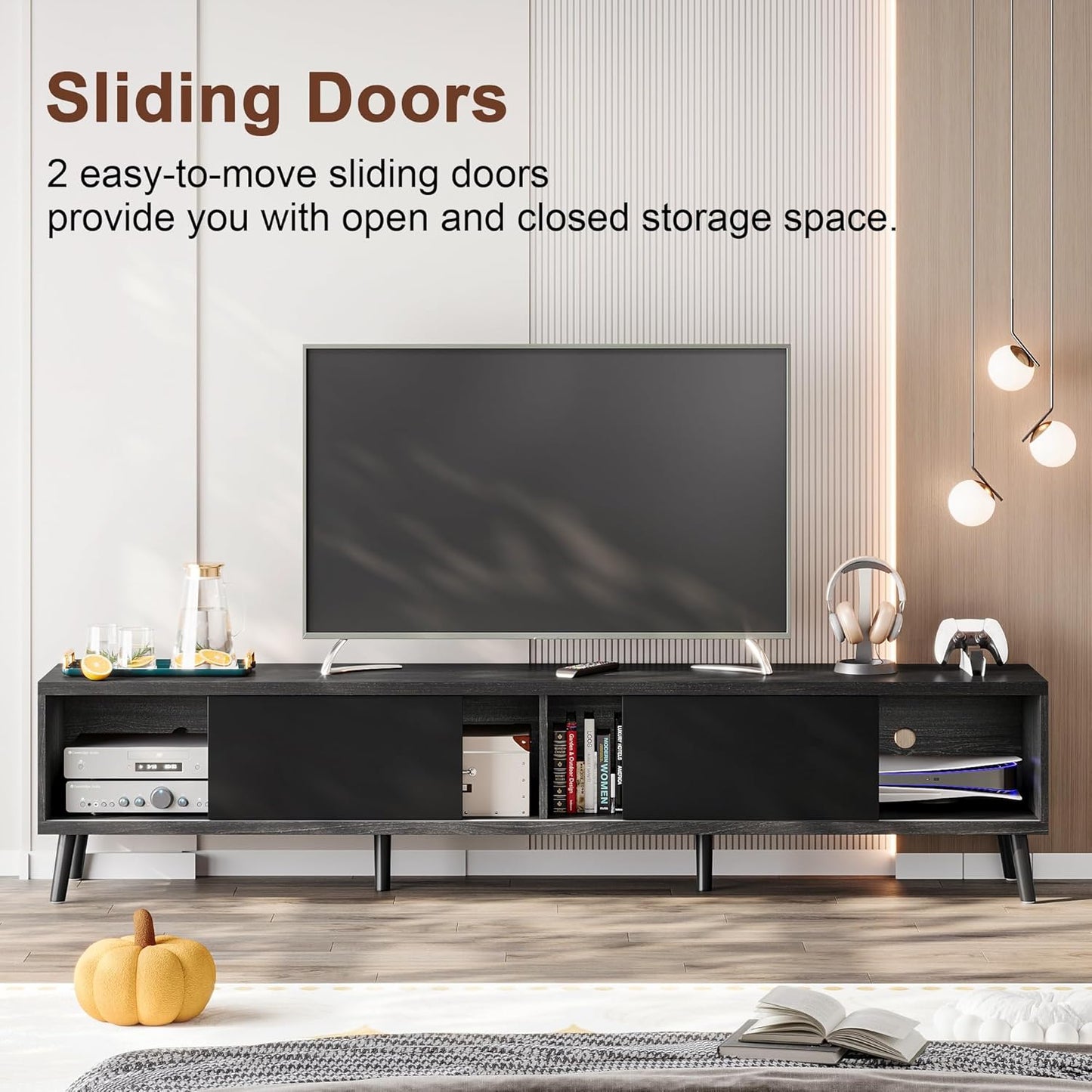 Clikuutory Mid Century Modern 70 Inch TV Stand with Two Large Storage Space for 50 55 60 65 70 75 80 Inch TVs, TV Console with Two Sliding Door, Entertainment Center for Bedroom, Grey