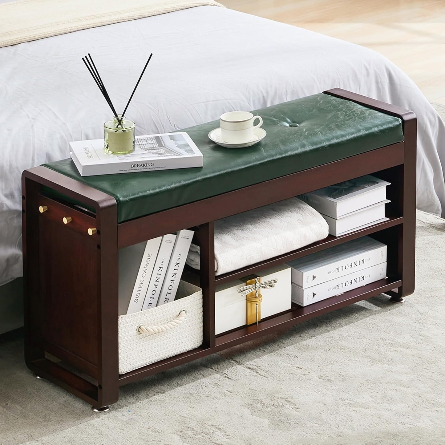 Nnewvante 37.4 inch Shoe Bench with Green Leather Cushion, 3-Tier Large Shoe Rack for Entryway Organizer, 100% Bamboo Ottoman Upholstered Bench for Hallway, Living Room, End of Bed Padded Bench