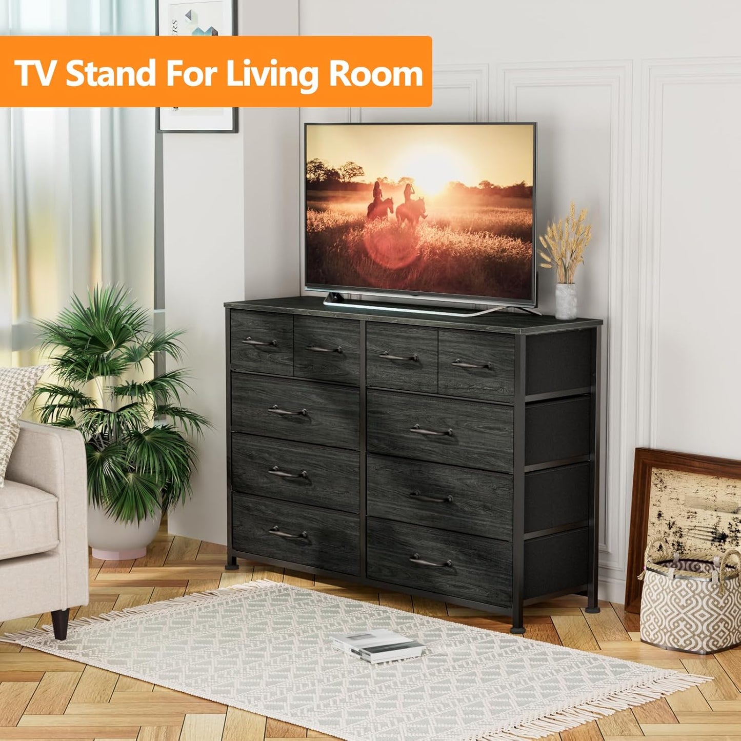 Furnulem Bedroom Dresser for 55”Long TV Stand Entertainment Center Dressers & Chests of Drawers,10 Storage Fabric Drawer, Sturdy Metal Frame Tall Storage Cabinet for Living Room, Entryway, Black Oak
