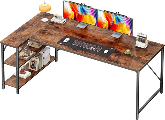 Huuger L Shaped Desk, 63 Inches Computer Desk with Reversible Storage Shelves, for Gaming Corner Home Office Writing Study, Metal Frame, Rustic Brown