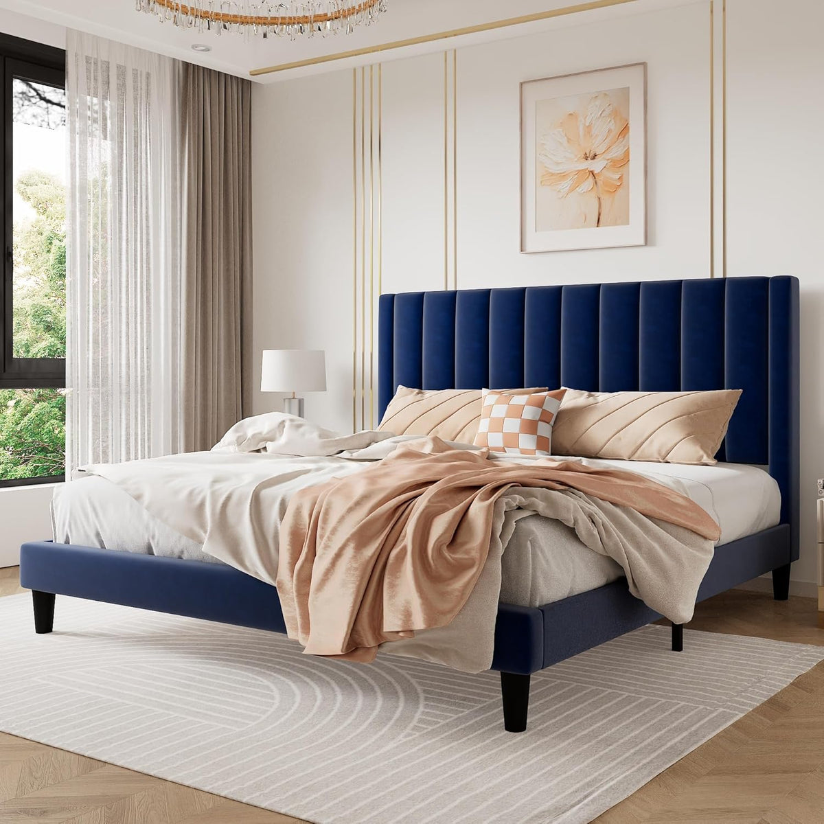 SHA CERLIN King Bed Frame/Velvet Upholstered Platform Bed Frame with Headboard/Strong Wood Slats Support/Mattress Foundation/No Box Spring Needed - Dark Blue