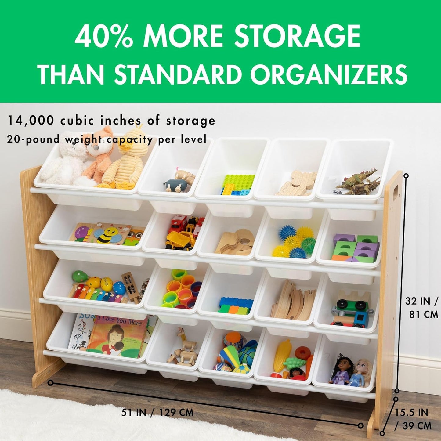 Humble Crew Extra-Large Toy Organizer with 20 Plastic Bins – Natural/White Storage Rack with 4-Tier Shelves, Anti-Tip Safety, for Kids’ Rooms, Playrooms, Nurseries & Classrooms