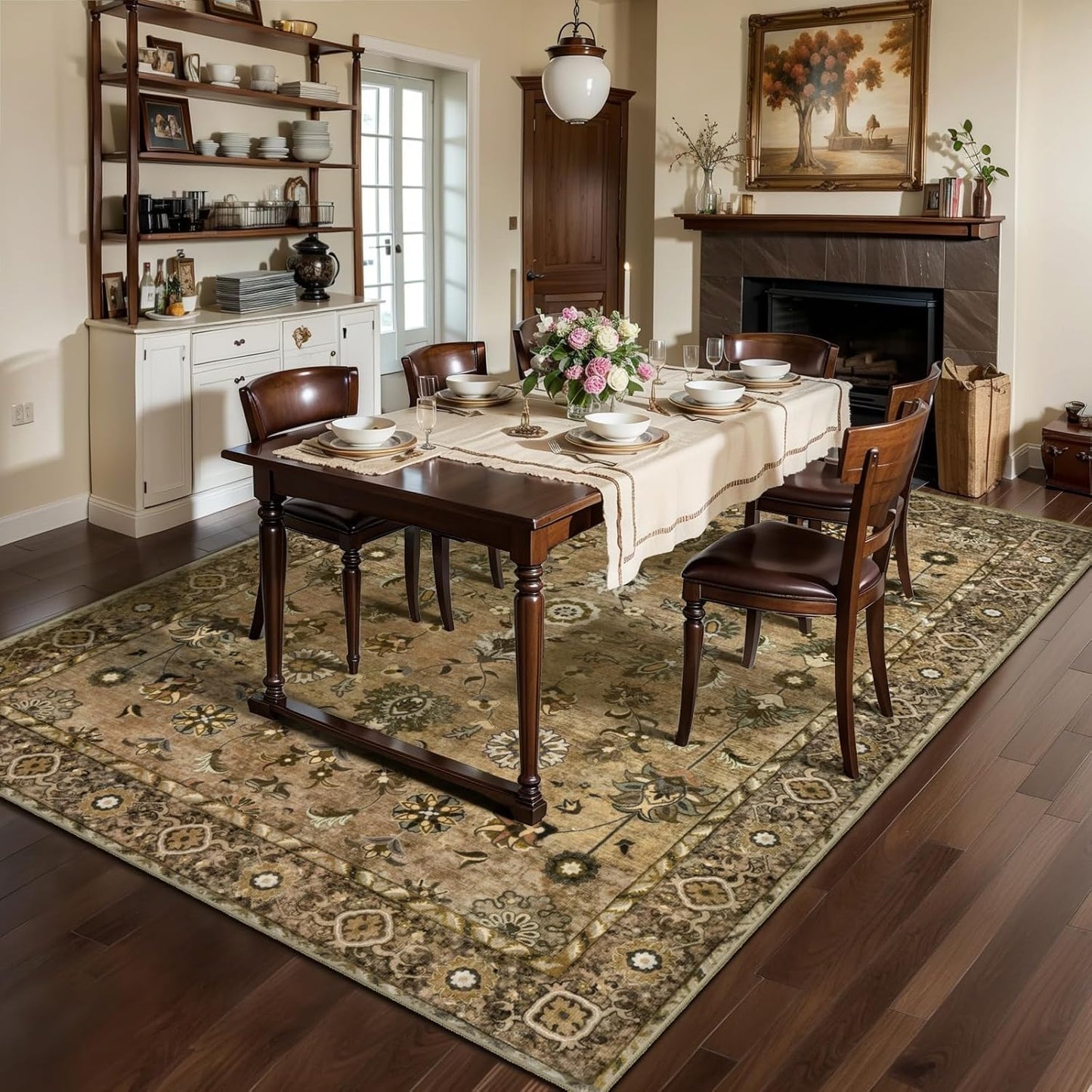 Tangsoo 6x9 Area Rug for Living Room, Washable Floral Vintage Rug Indoor Non Slip Large Area Rugs, Print Distressed Brown Carpet, Soft Low Pile Foldable Floor for Bedroom Dining Room