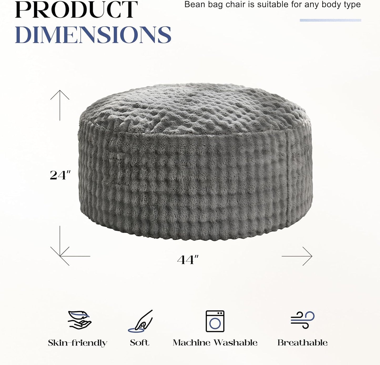 Hobestluk Bean Bag Chairs 4ft Beanbag Chair with Filler Adult Bean Bags with Fluffy & Machine Washable Cover, Giant Bean Bag Chairs for Adults (Grey, 4FT-44" x 44" x 24")