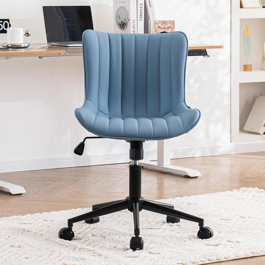 YOUNIKE Blue Home Office Desk Chair with Wheels Compact Comfy Armless Vanity Chair with Back Modern Small Leather Upholstered Rolling Task Chair Cute Computer Drafting Sewing Chair Swivel Adjustable