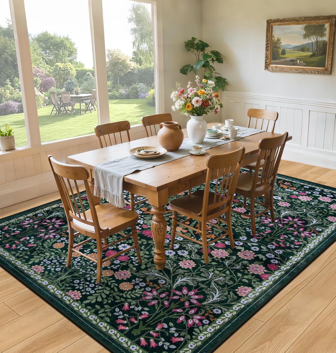 Area Rug Living Room Rugs: Floral 4x6 Washable Rug Vintage Soft Boho Non-Slip Carpet Indoor Floor Stain Resistant Large Carpets for Bedroom Dining Room Farmhouse Nursery Hallway Home Office Dark Green