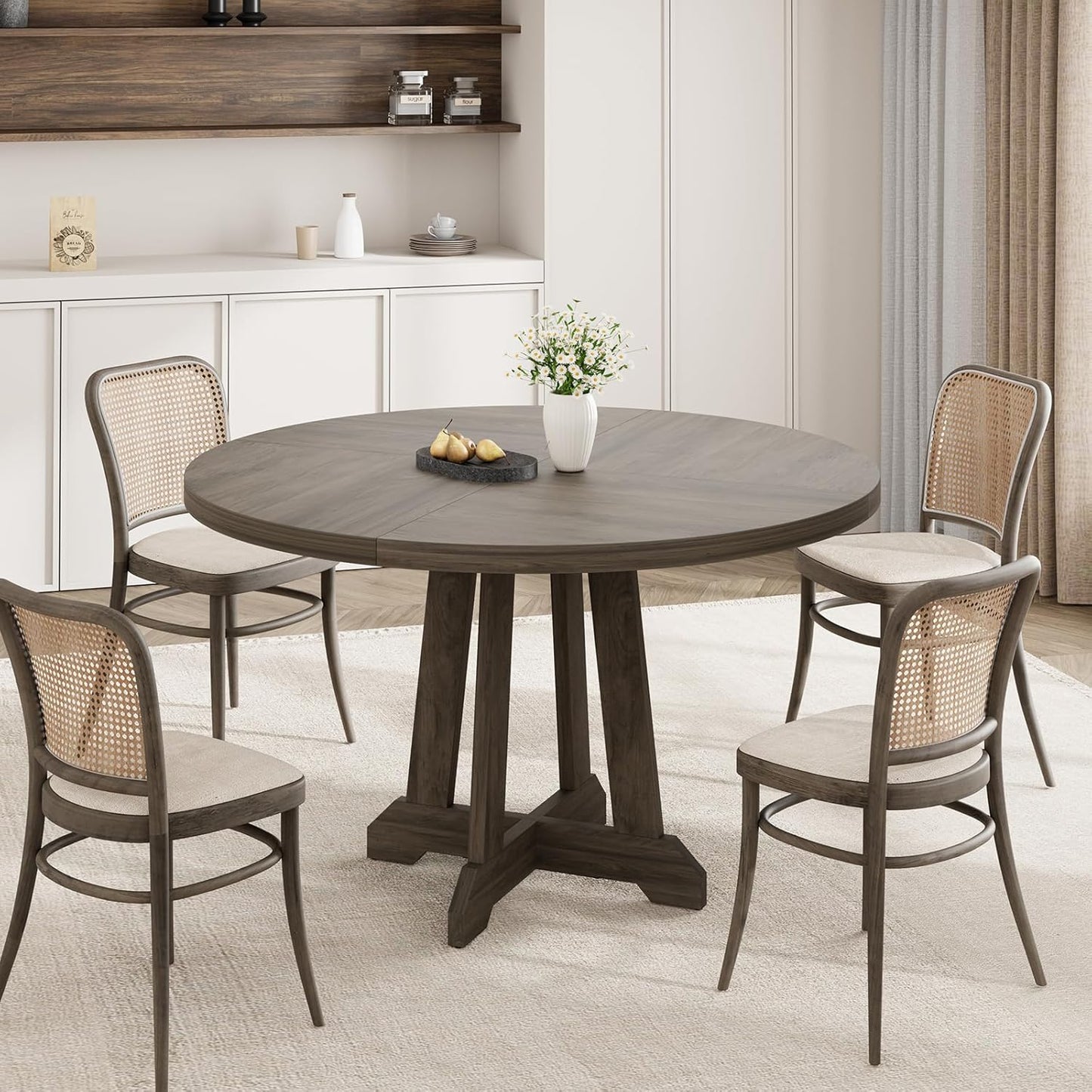GarveeHome Round Dining Table for 4,Kitchen Dining Room Circle Dinner Pedestal Table,Space Saving Wood Kitchen & Dining Room Furniture,Grey 47-inch Diameter