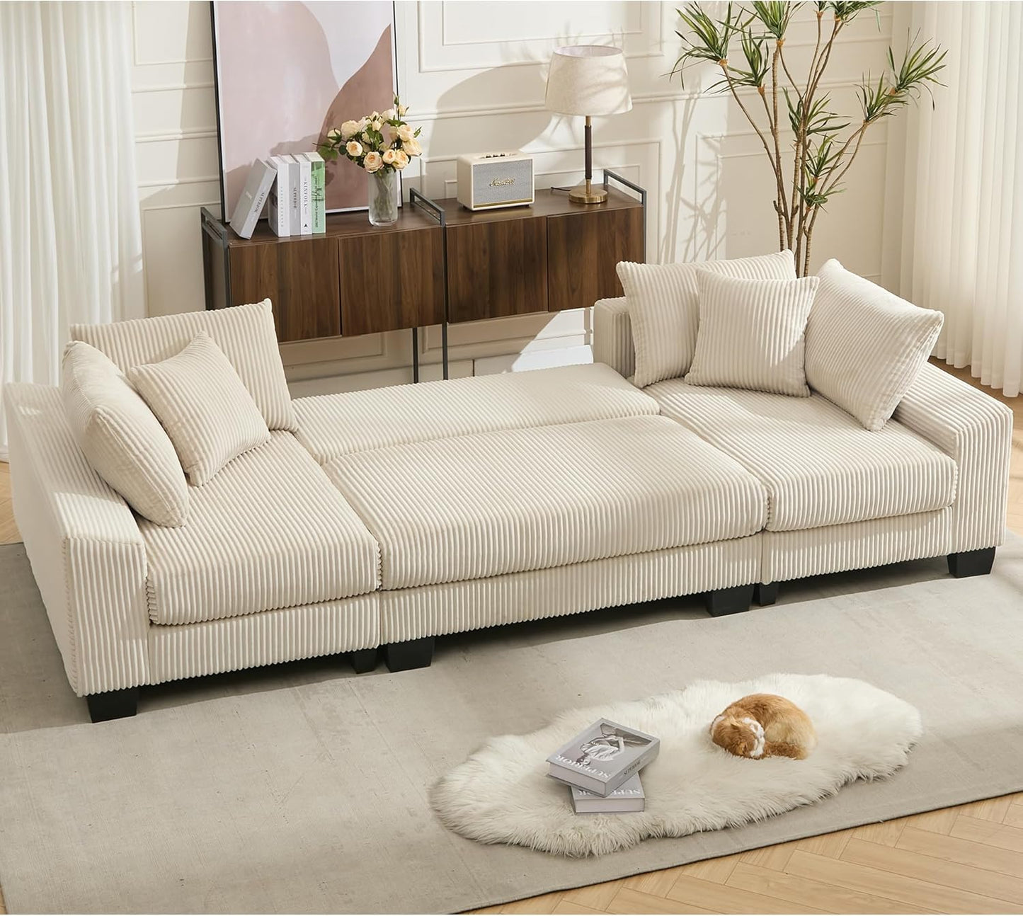 Symmetrical U Shaped Sectional Sofa Convertible Pull Out Sleeper Sofabed with Double Chaise Daybed , Corduroy Upholstered U Shaped Lounge Sofa Couch Bed w/ Throw Pillows for Living Room Apartment