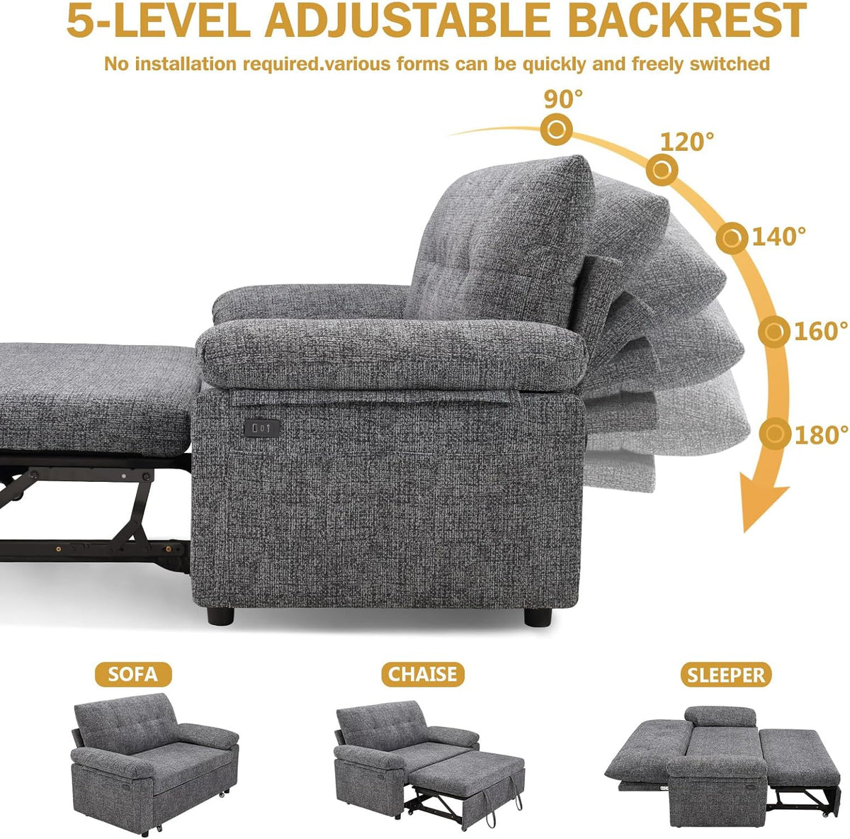 Vipbear 3-in-1 Chenile Convertible Sofa Bed, Pull Out Sleeper Sofa with USB Charging Station/Reclining Backrest/Side Pocket, Loveseat for Living Room, Apartment, Tool-Free Assembly, Dark Grey