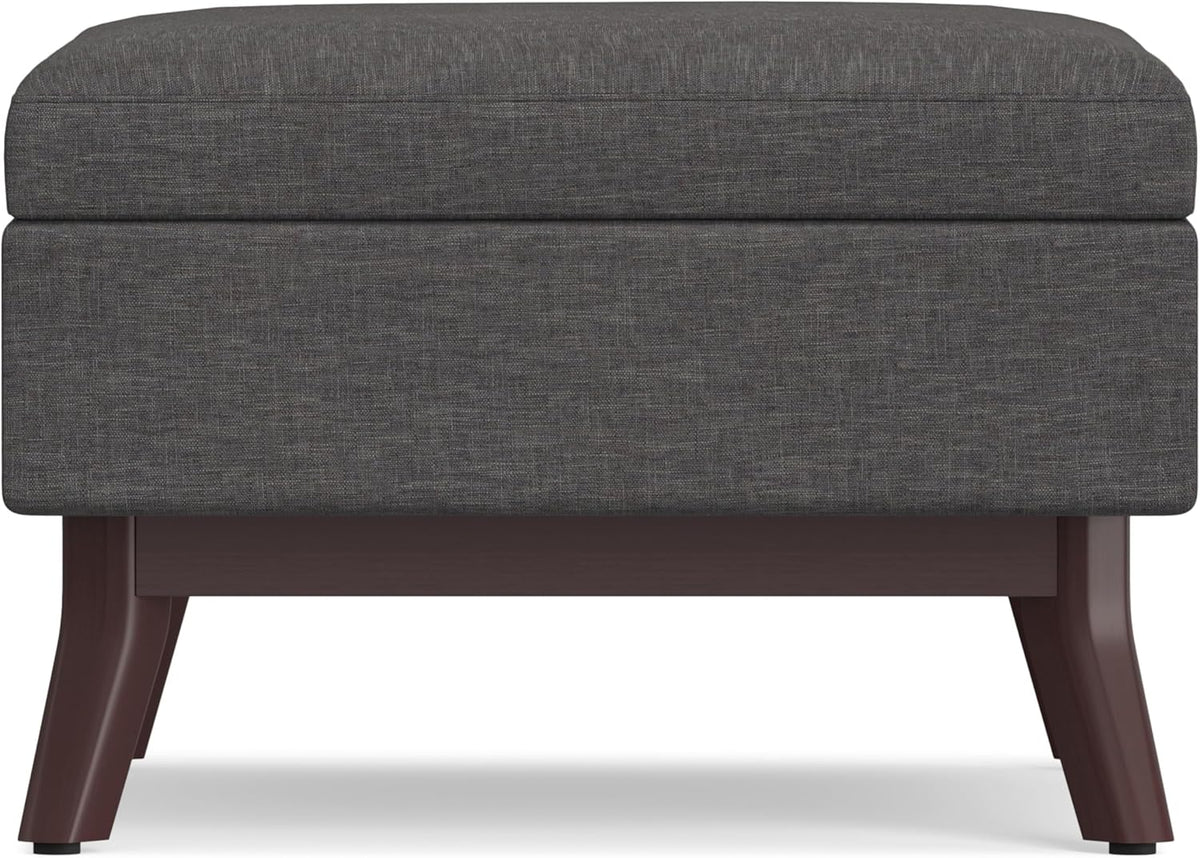SIMPLIHOME Owen 34 inch Wide Mid Century Modern Rectangle Coffee Table Storage Ottoman in Slate Grey Linen Look Fabric, Assembled, For the Living Room, Entryway and Family Room